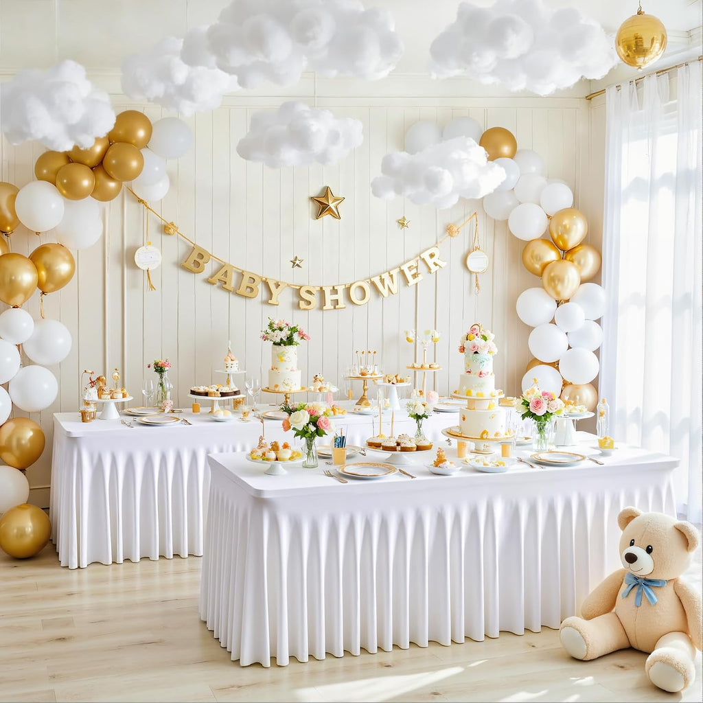 White Table Cloth for 6 Foot Rectangle Tables Fitted Stretch Spandex Table Cover with Skirt 6ft Baby Shower Birthday Party Banquet Ruffle Tablecloth Wedding Table Cloths Desk Skirt, 6 Pack