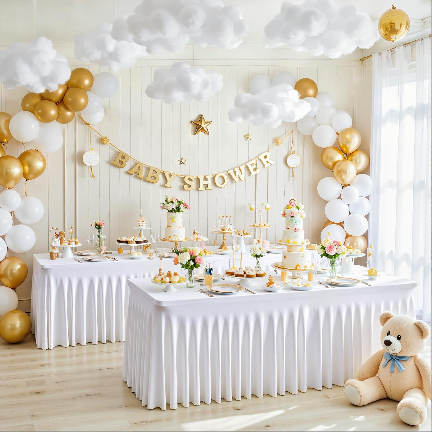 White Table Cloth for 6 Foot Rectangle Tables Fitted Stretch Spandex Table Cover with Skirt 6ft Baby Shower Birthday Party Banquet Ruffle Tablecloth Wedding Table Cloths Desk Skirt, 6 Pack