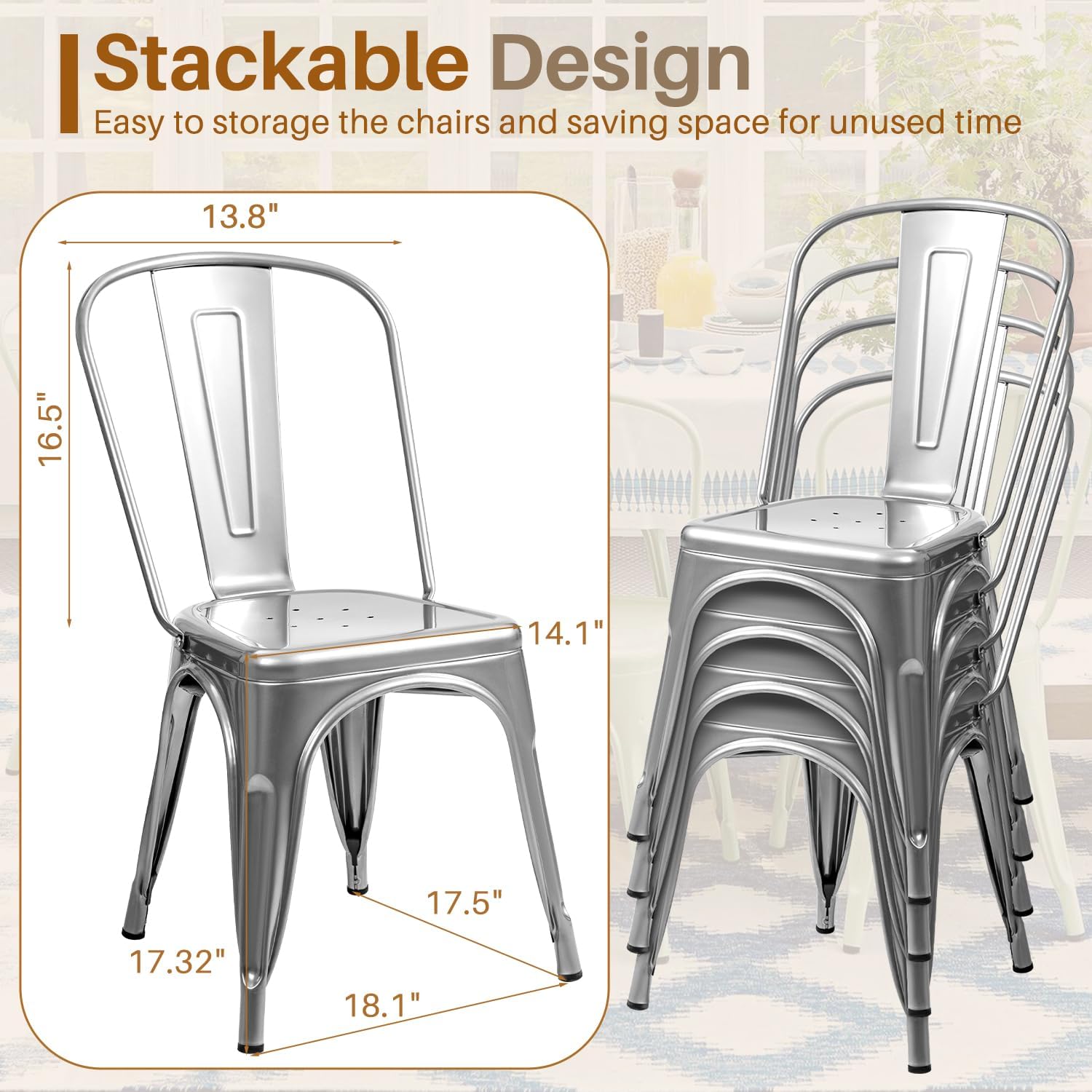 Furmax Metal Dining Chair Indoor Outdoor Use Stackable Classic Trattoria Chair Chic Dining Bistro Cafe Side Metal Chairs Set of 4 (Sliver)