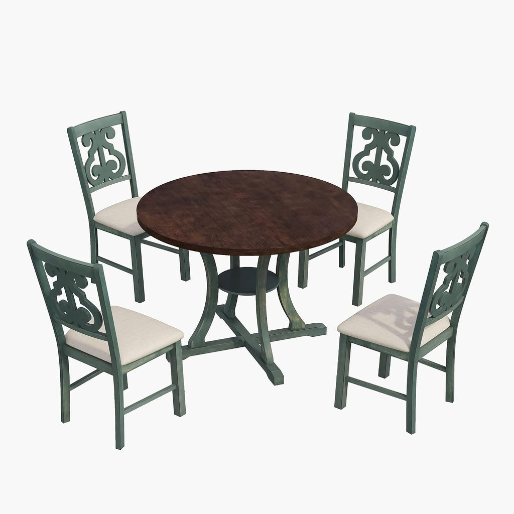 Harper & Bright Designs 5-Piece Round Table Set with Shelf, Wooden Family Dining Table