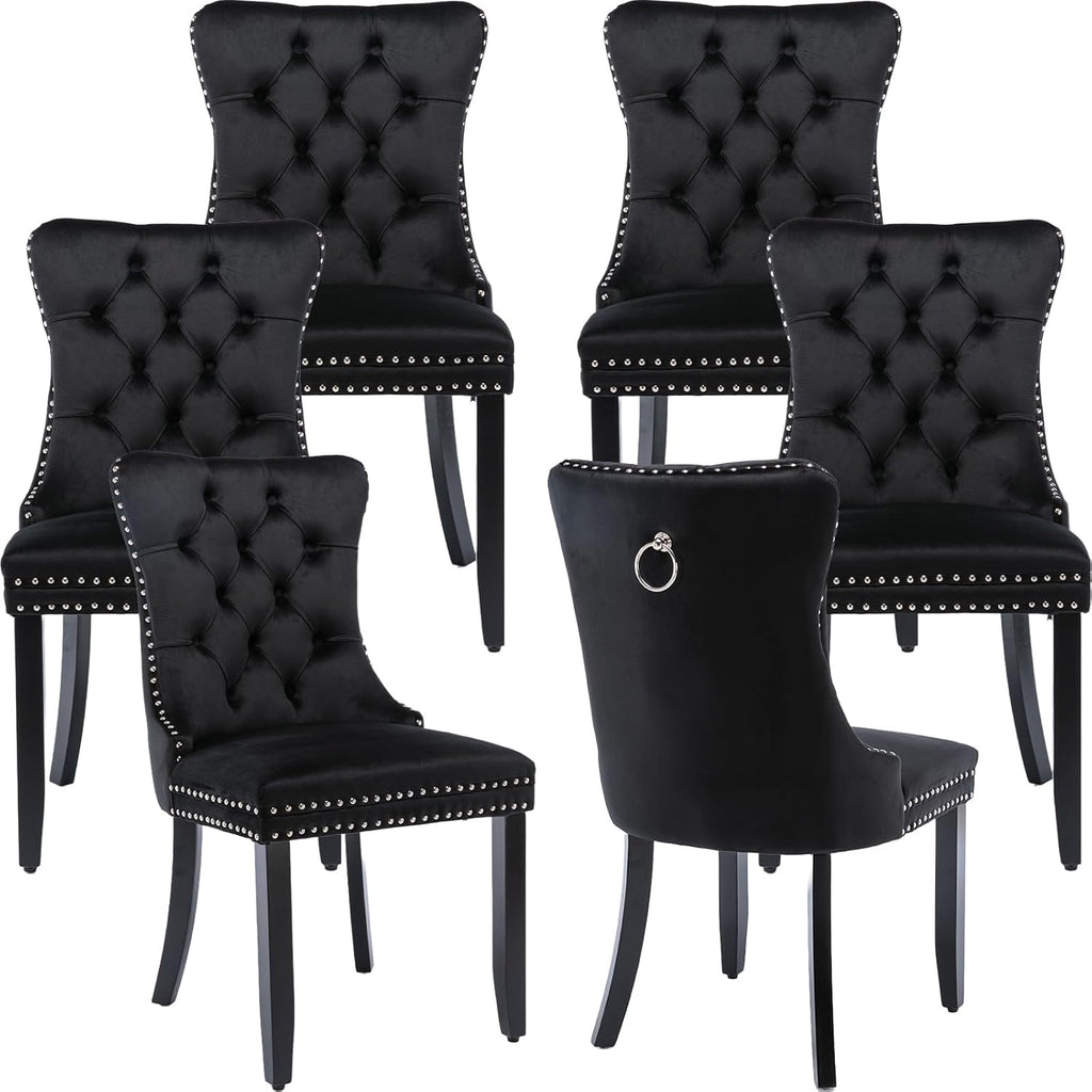 ODUSE-DAILY Black Velvet Dining Chairs Set of 6, Kitchen & Dining Room Chairs, Sillas De Comedor, Nailheads Tufted, Velvet Upholstered, Solid Wood (Black, 6 Pcs)