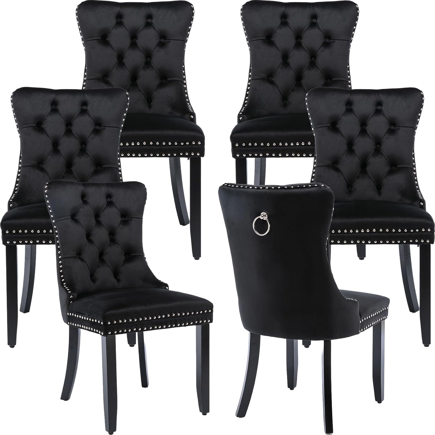 ODUSE-DAILY Black Velvet Dining Chairs Set of 6, Kitchen & Dining Room Chairs, Sillas De Comedor, Nailheads Tufted, Velvet Upholstered, Solid Wood (Black, 6 Pcs)