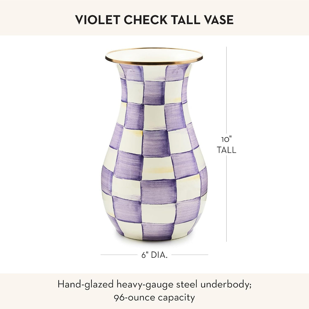 MACKENZIE-CHILDS Enamel Vase, Unique Flower-Vase Decor for Living Room, Tall, Purple-and-White Violet Check