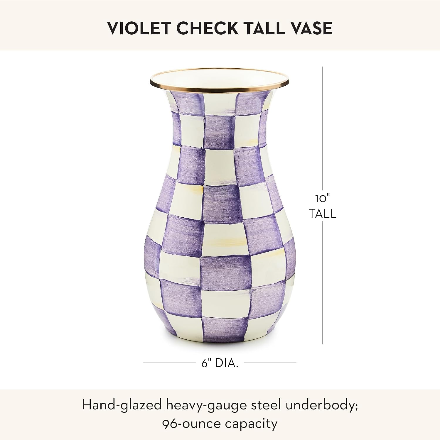 MACKENZIE-CHILDS Enamel Vase, Unique Flower-Vase Decor for Living Room, Tall, Purple-and-White Violet Check