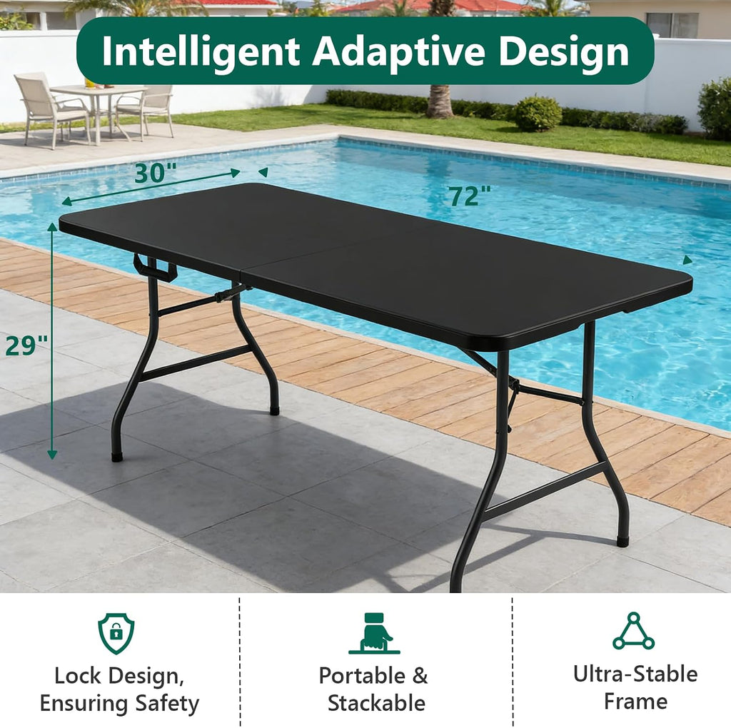 2 Pack 6FT Folding Table, Foldable Picnic Table with Carrying Handle, Heavy Duty Fold-in-Half Portable Table for Weddings, Camping, RV Travel, Parties, BBQs, Easy to Fold and Store, Black