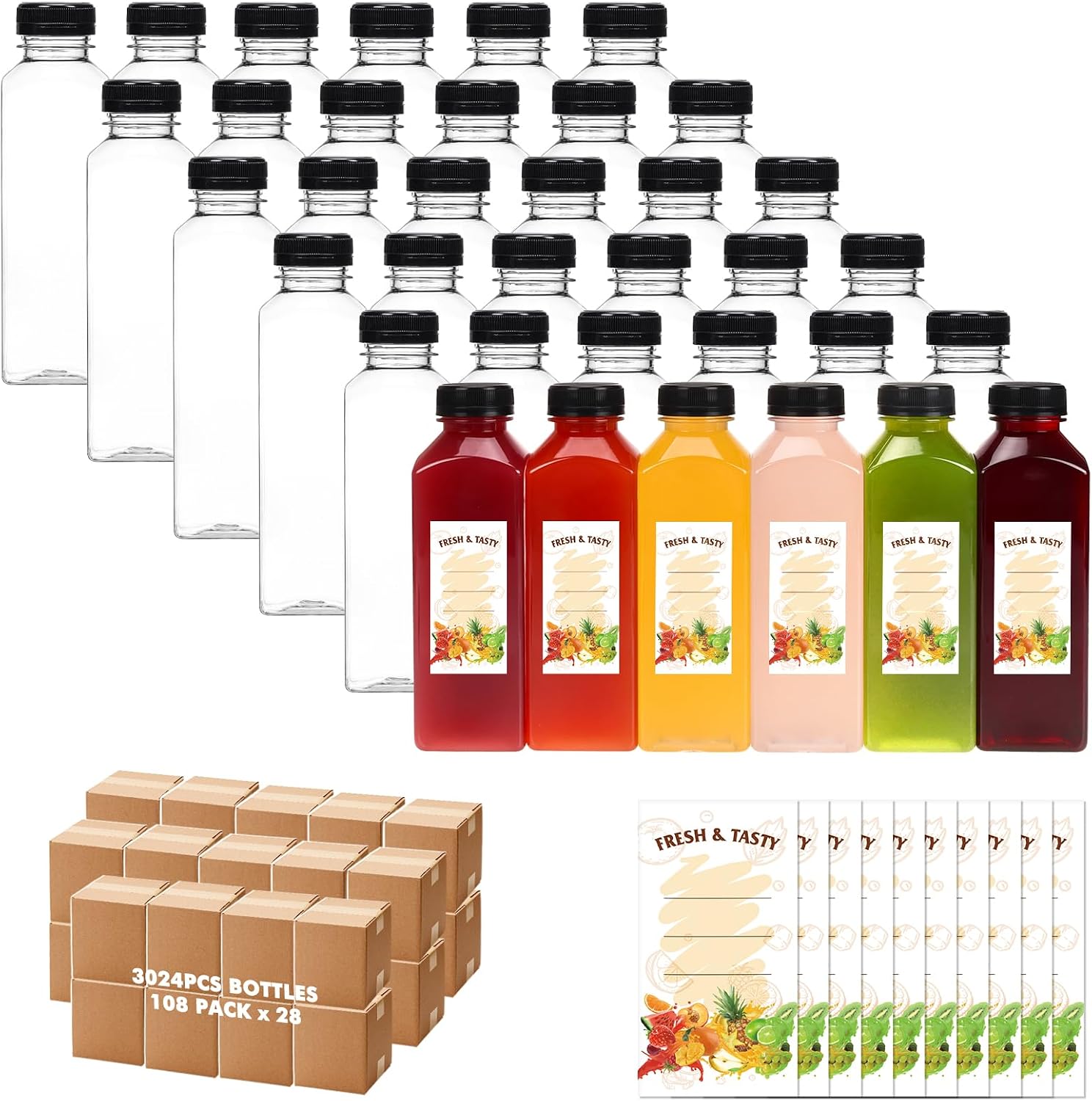 BAKHUK 3024pcs 16oz Empty Plastic Juice Bottles with Caps, Plastic Water Bottles with lids, Reusable Clear Bulk Beverage Containers for Juice, Milk and Other Beverages