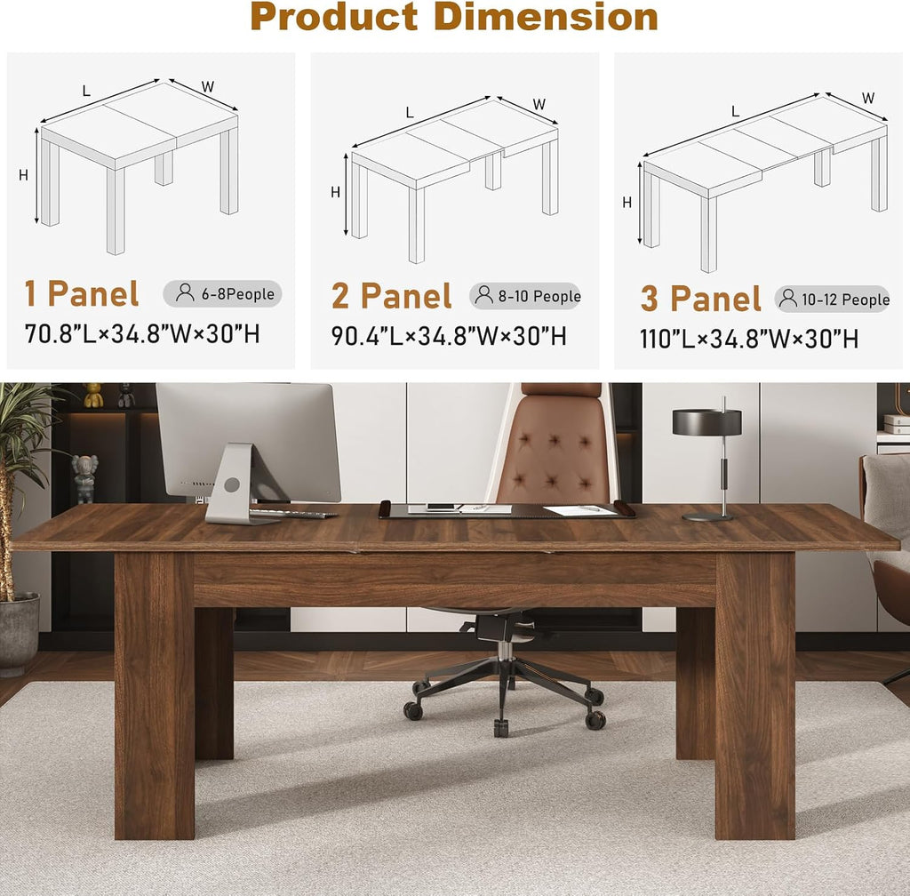 jiteentarou 70' to 110' Extendable Dining Table for 8 10 12 People, Rectangular Indoor Wooden Expandable Dinner Tables, Farmhouse Large Kitchen Dining Table for Home,Walnut