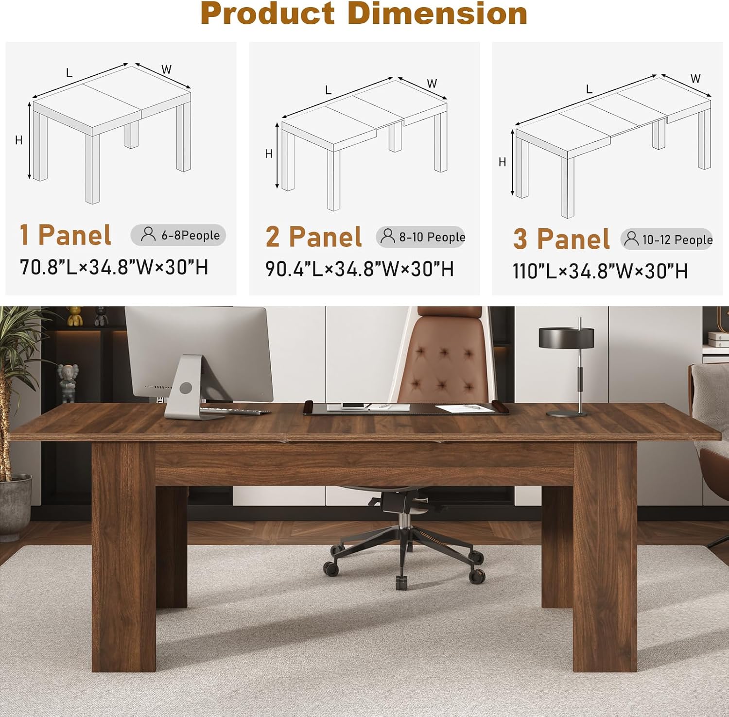 jiteentarou 70' to 110' Extendable Dining Table for 8 10 12 People, Rectangular Indoor Wooden Expandable Dinner Tables, Farmhouse Large Kitchen Dining Table for Home,Walnut
