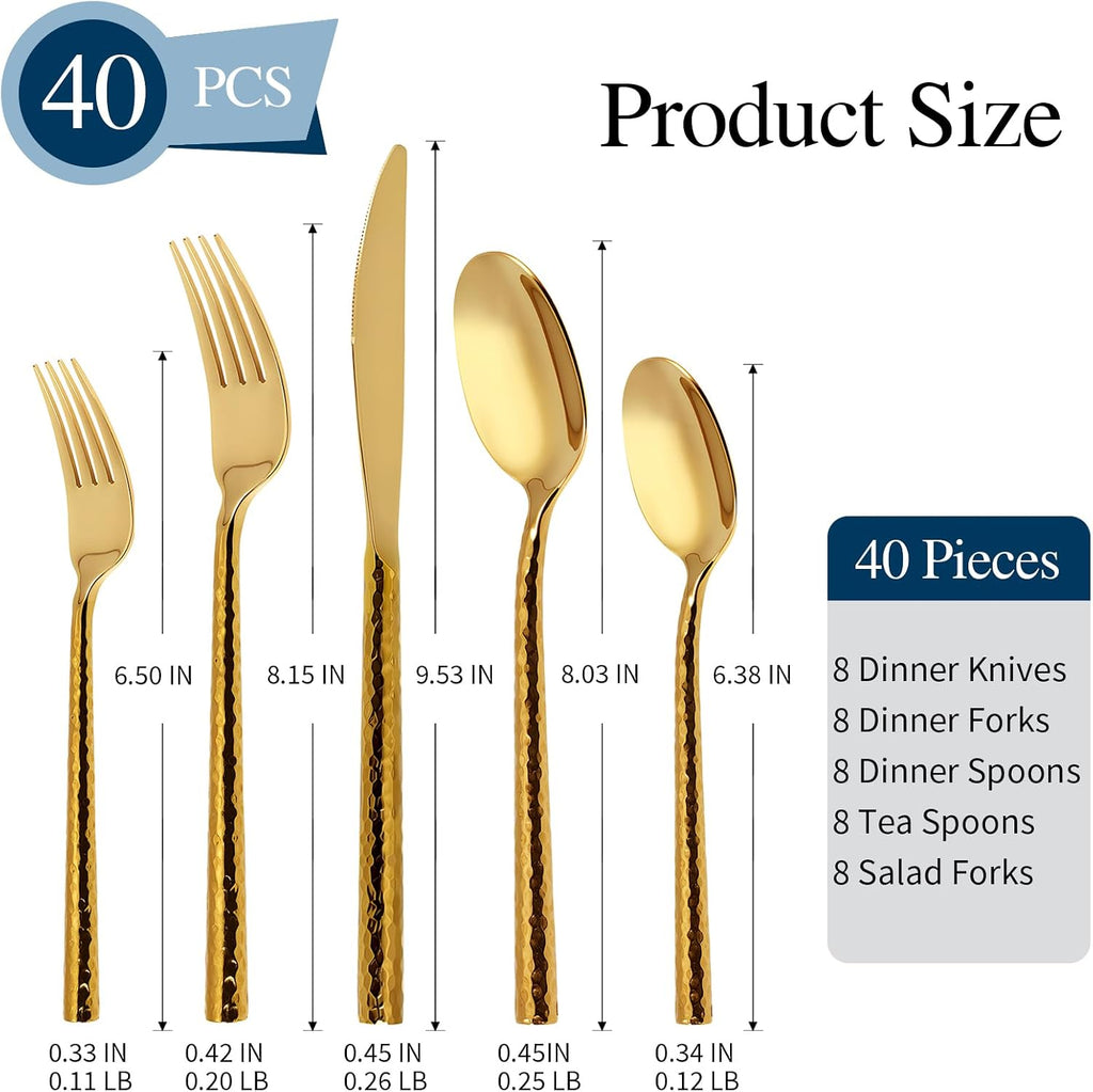 Gold Silverware 18/10 Stainless Steel 40-Piece Mirror Polsihing Flatware Round Hammered Cutlery Set Service for 8