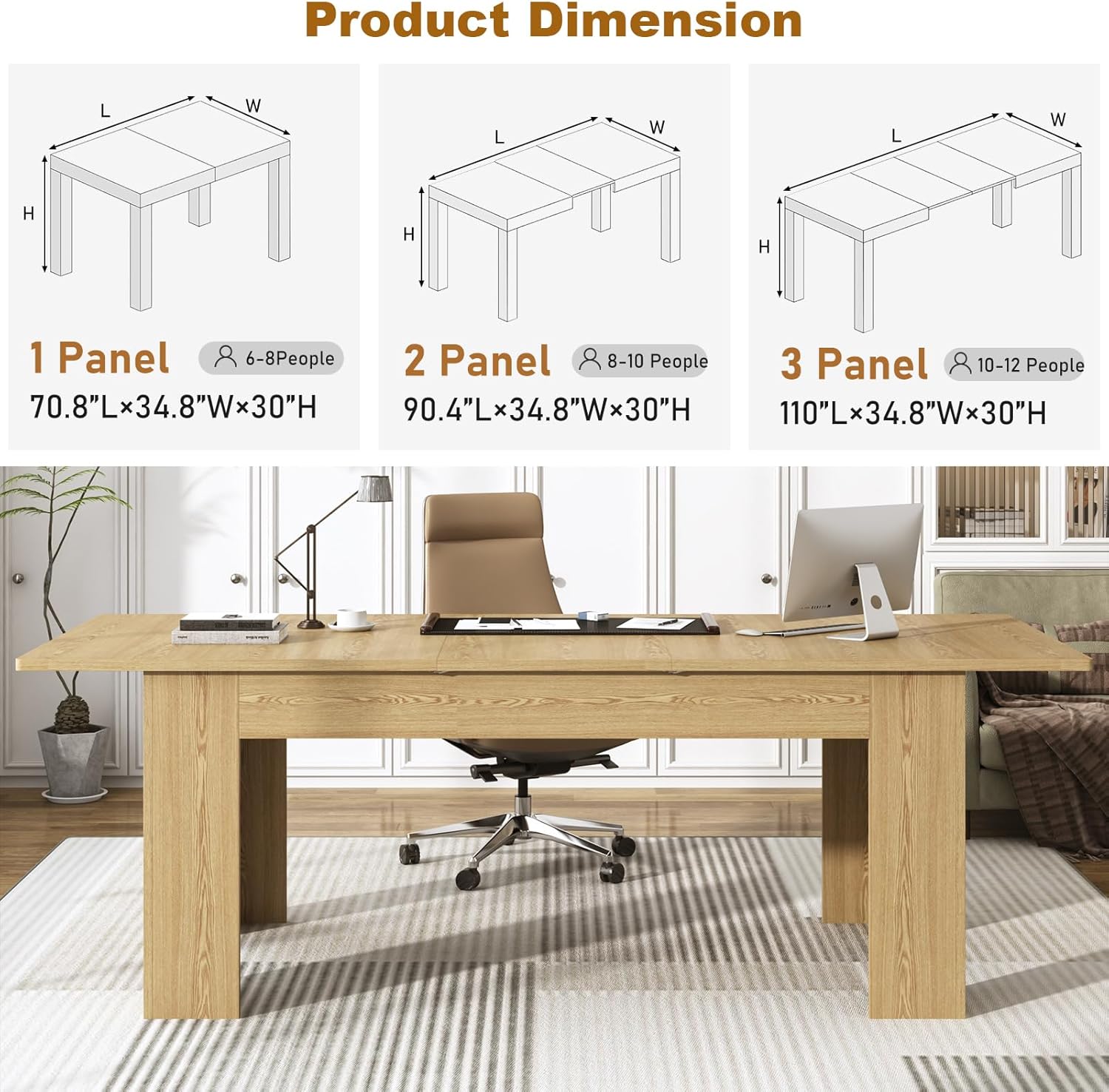 70.8'-110' Extendable Dining Table for 6-12 Person, Wooden Dining Room Table, Modern Extendable Table for Gatherings, Meeting for Small Kitchens, Dining Office Areas(Natural)