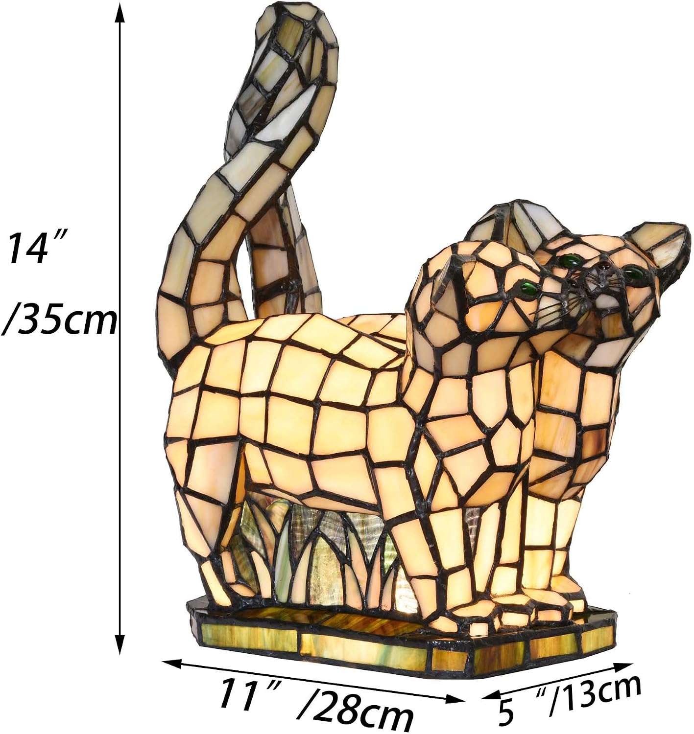 Bieye L10771 Cats in Love Tiffany Style Stained Glass Accent Table Lamp Night Light for Home Decoration (Two Cats, Yellow)