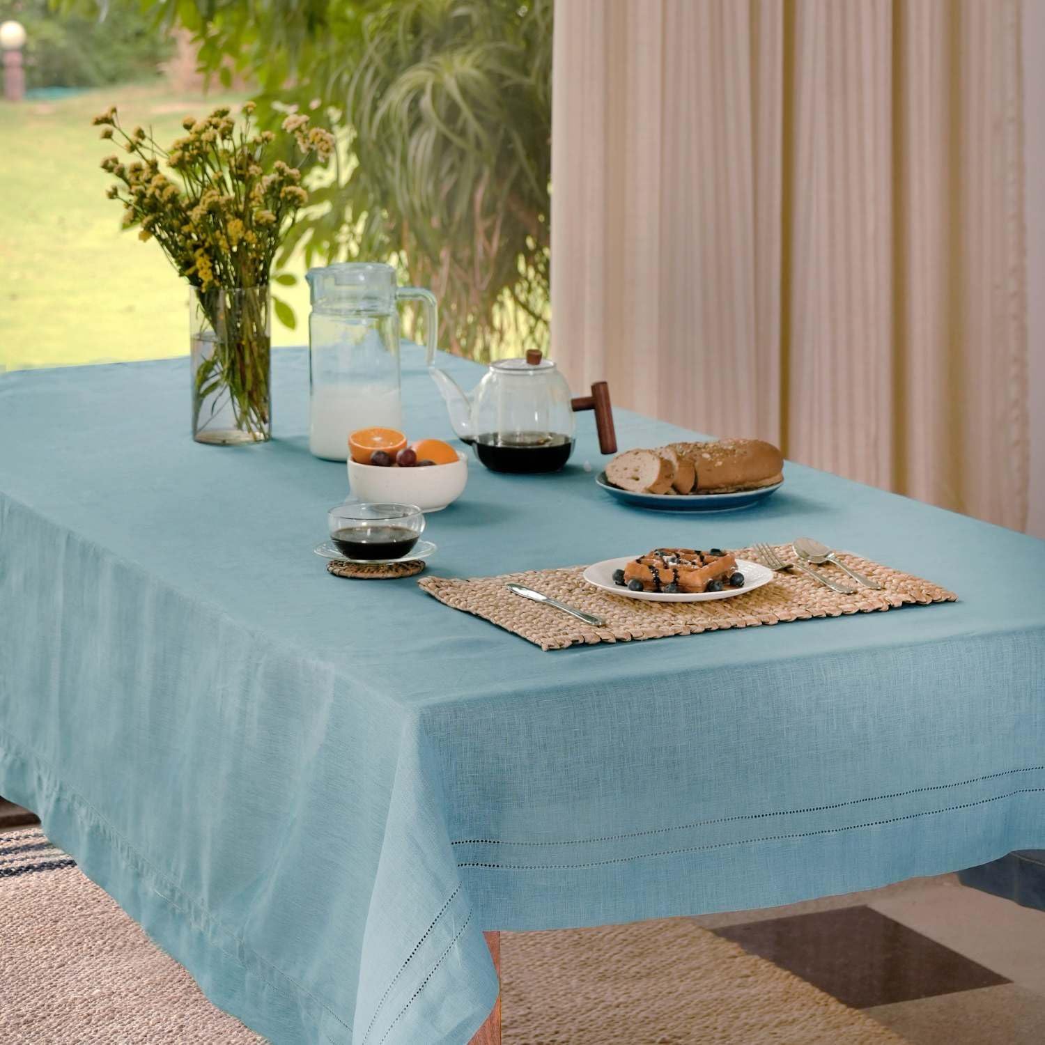 BLUE FLOWER CO Premium 100% Pure Linen Tablecloth 70'x120' Rectangle, Double Hemstitched Table Cover for Dinner, Parties, Eco-Friendly, Fall & Winter Table Décor - Dusty Blue