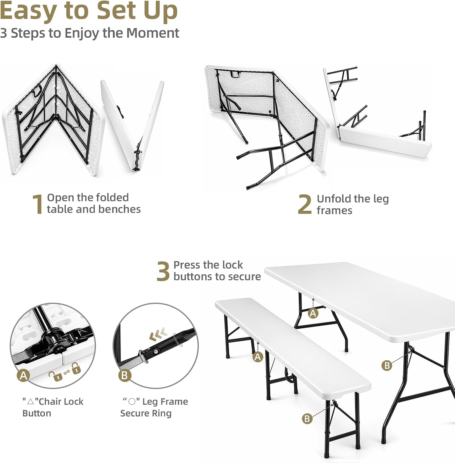 6 Feet Picnic Table Set with 2 Benches, 6ft Folding Camping Table Chair Set for Indoor Outdoor Use, 3-Piece 6 ft Portable Folding Furniture with Handles, White