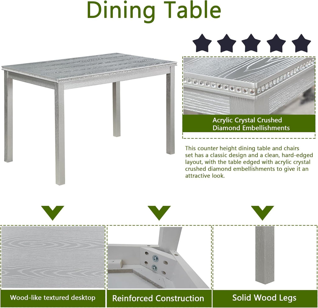 KEIKI 5-Piece Standard Height Dining Table Set with Rectangular Table and 4 Upholstered Chair, for 4 Person, Crystal Decoration Wooden Table Set, Easy Assembly, for Kitchen, Dining Room, Silver Grey