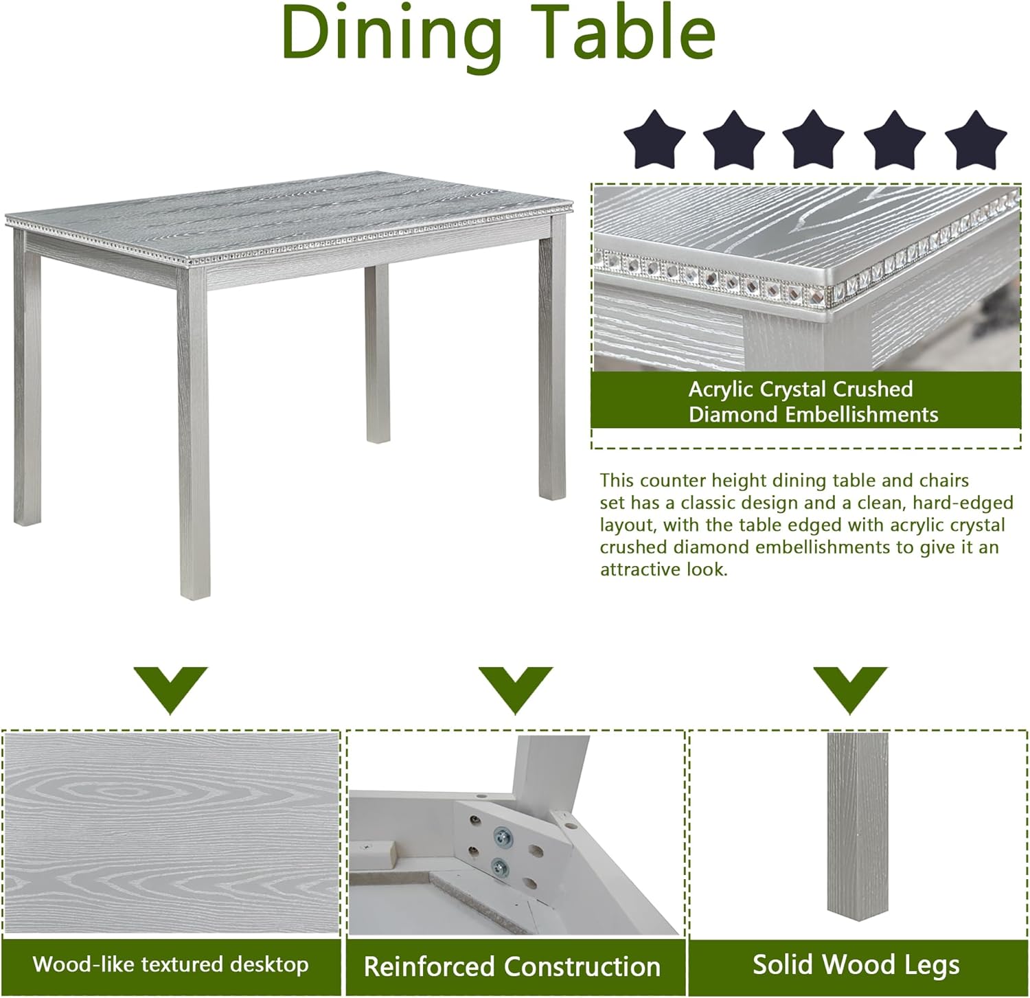 KEIKI 5-Piece Standard Height Dining Table Set with Rectangular Table and 4 Upholstered Chair, for 4 Person, Crystal Decoration Wooden Table Set, Easy Assembly, for Kitchen, Dining Room, Silver Grey