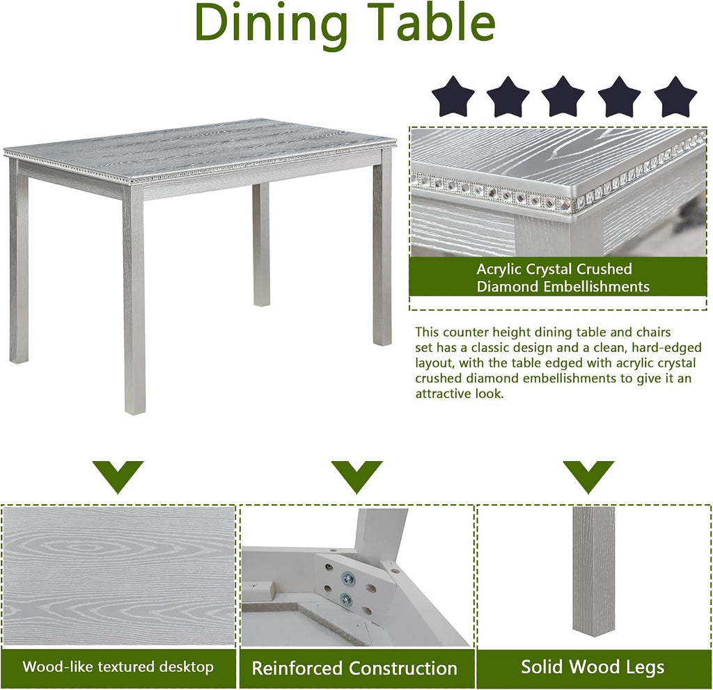 LUMISOL 5 Piece Wooden Dining Table Set, Farmhouse Kitchen Table Set with 4 Upholstered Chairs, Dining Room Table with Crystal Decoration and Chairs Set for Kitchen, Dining Room, Sliver Grey