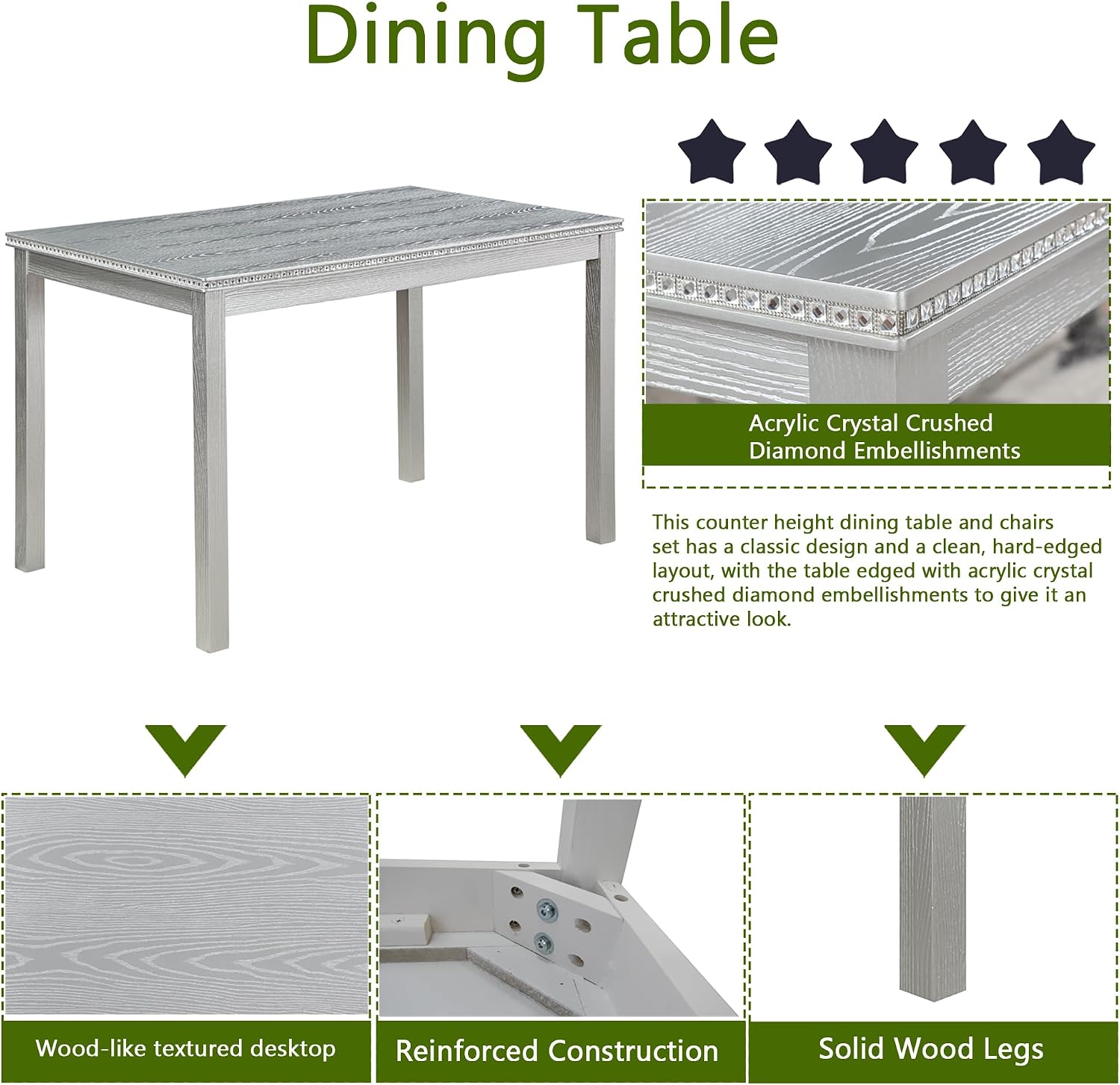 LUMISOL 5 Piece Wooden Dining Table Set, Farmhouse Kitchen Table Set with 4 Upholstered Chairs, Dining Room Table with Crystal Decoration and Chairs Set for Kitchen, Dining Room, Sliver Grey