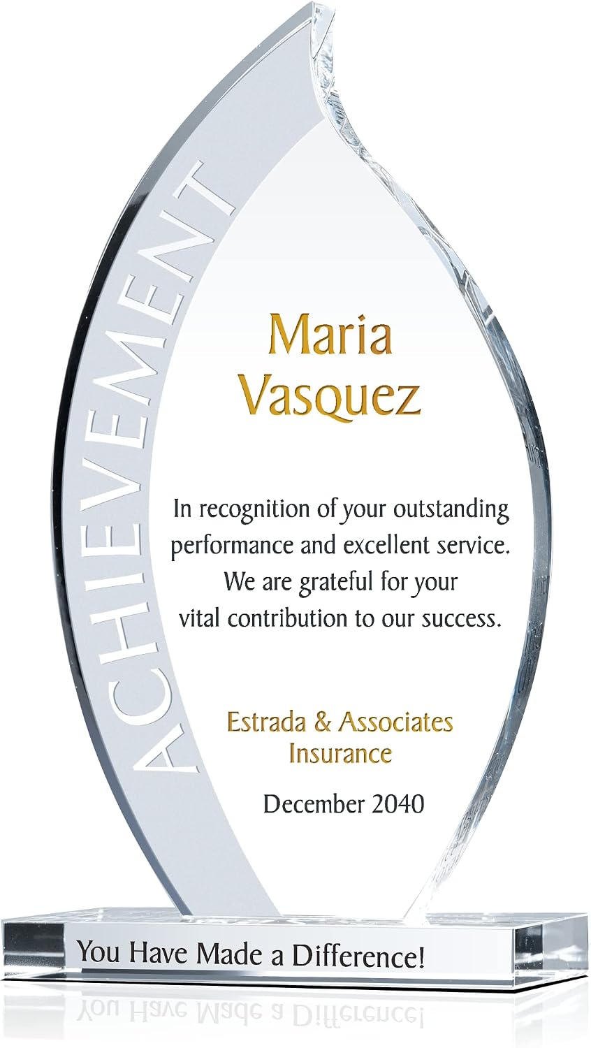 Crystal Flame-Shaped Personalized Achievement Award Trophy – Custom Engraved Glass Plaque for Employee Recognition, Retirement, Appreciation, or Years of Service (Flame Plaque, 7.5' H)