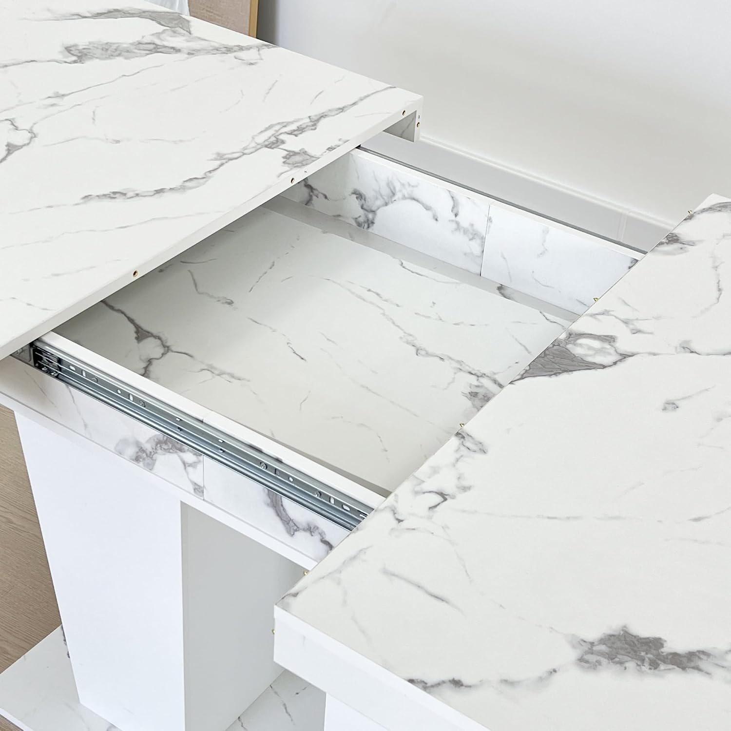 78.74'' Extendable Rectangular Dining Table for 4-8, Modern Mid-Century Wood Expandable Kitchen Dinner Conference Table for Living Room Office, 2 Widen Pedestal Base, White Faux Marble