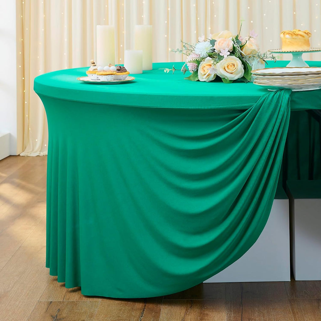Outpain 6 Pack Emerald Spandex Round Tablecloths for 72 inch Table, Stretchy 132inch Fitted 6FT Round Table Cloths, Wrinkle Free Table Cover with Skirt for Wedding Party Dining Banquet