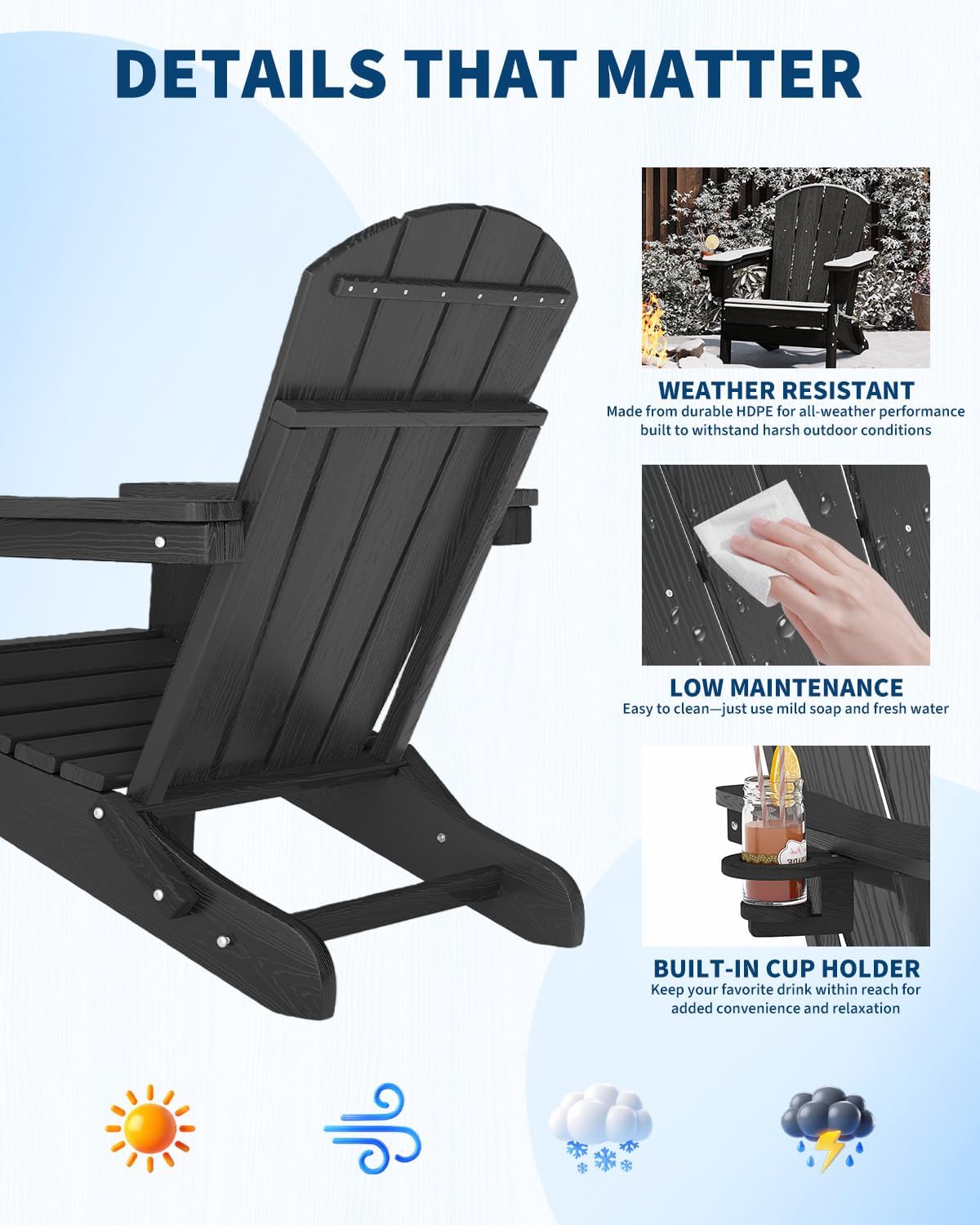Folding Adirondack Chair Set of 2 with Ottoman, All-Weather HDPE Outdoor Chair, Wooden Textured with Cup Holder for patios, Decks, Gardens, fire pits, Black