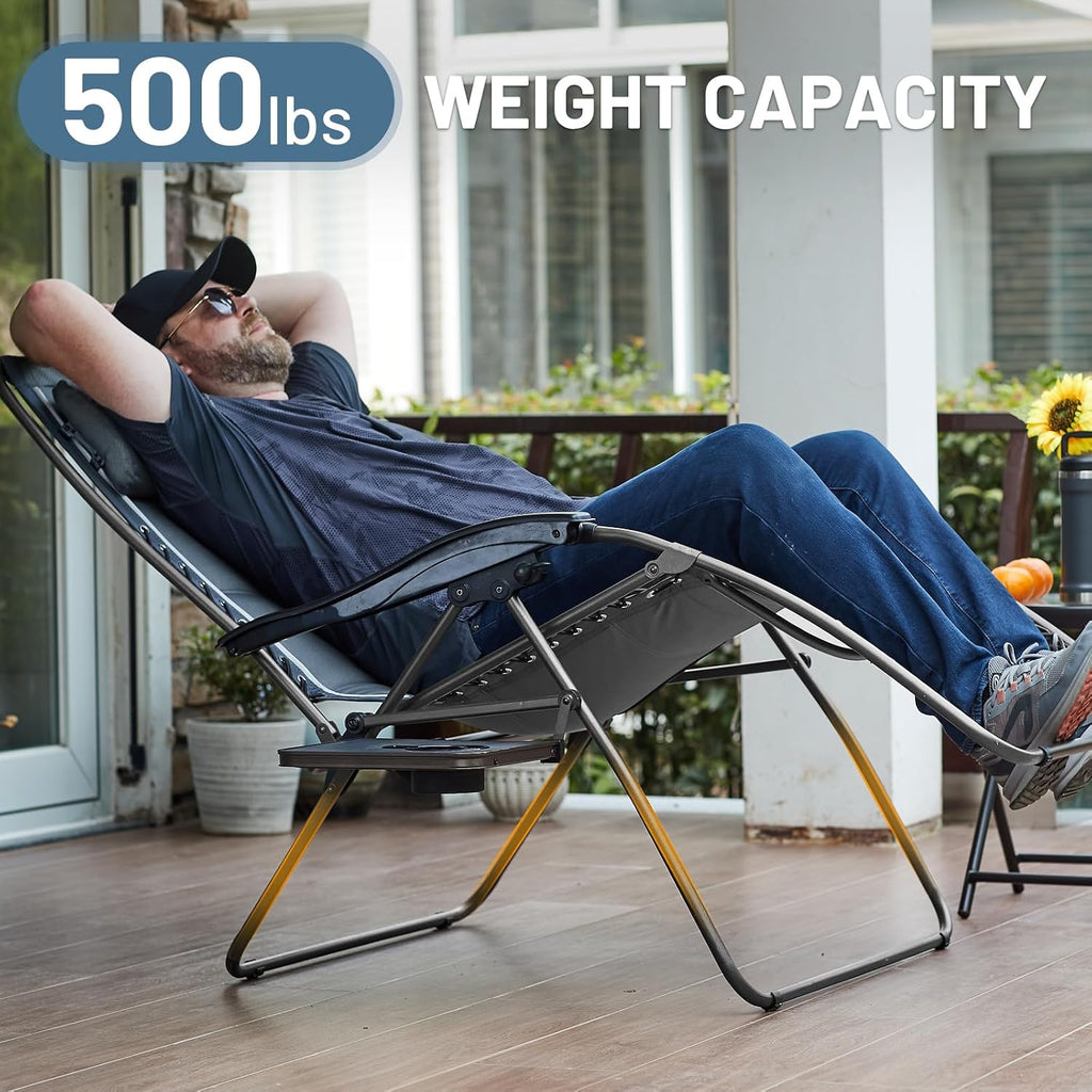 Timber Ridge Oversized Zero Gravity Chair, 33In Wide XXL Zero Gravity Reclining Chair with Side Table, Full Padded Lounge Chair for Outdoor Camping Patio Lawn, Heavy Duty Supports 500lbs, Grey-2 Pack