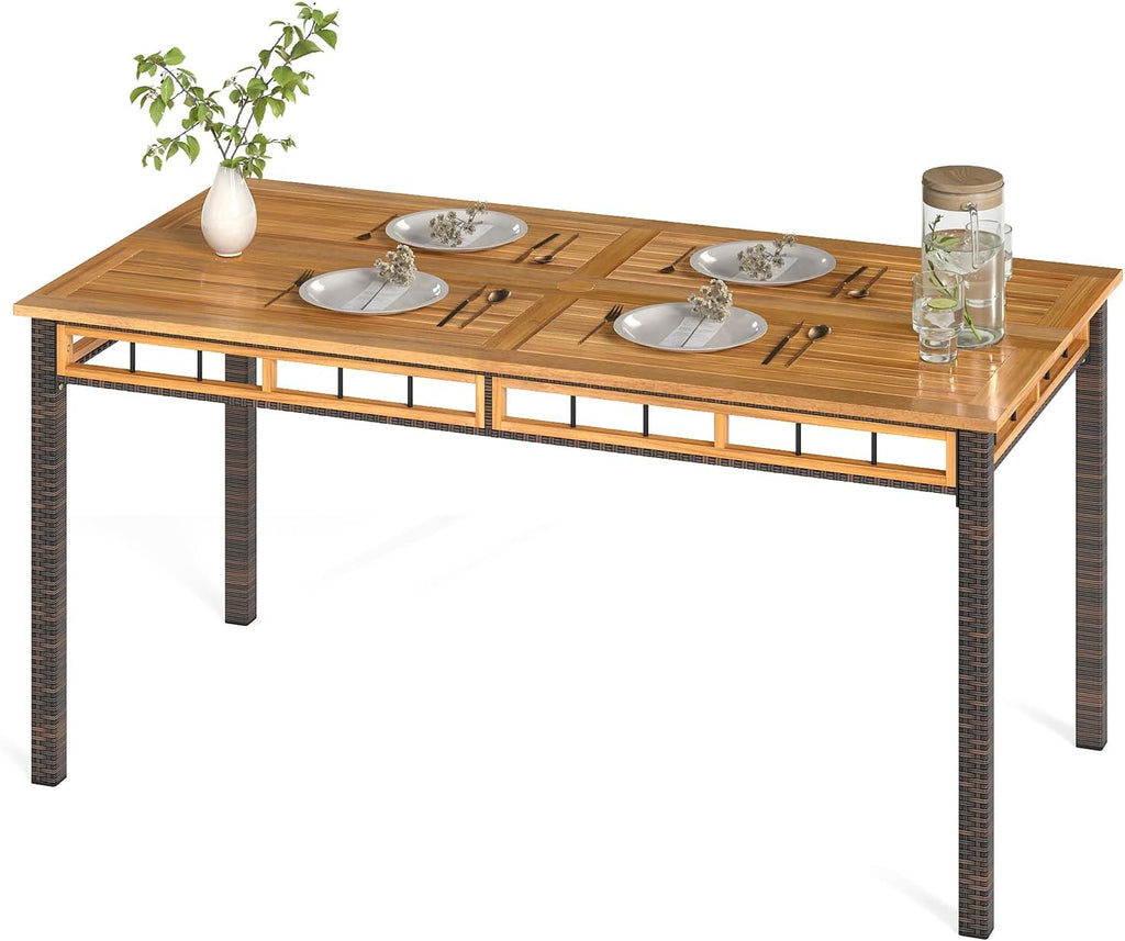 HAPPYGRILL Acacia Wood Outdoor Dining Table 63', 4-6 Person Rectangular Metal Patio Table with Umbrella Hole and Rattan Legs, Slatted Outdoor Furniture for Garden, Poolside, Backyard and Deck