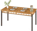 HAPPYGRILL Acacia Wood Outdoor Dining Table 63', 4-6 Person Rectangular Metal Patio Table with Umbrella Hole and Rattan Legs, Slatted Outdoor Furniture for Garden, Poolside, Backyard and Deck