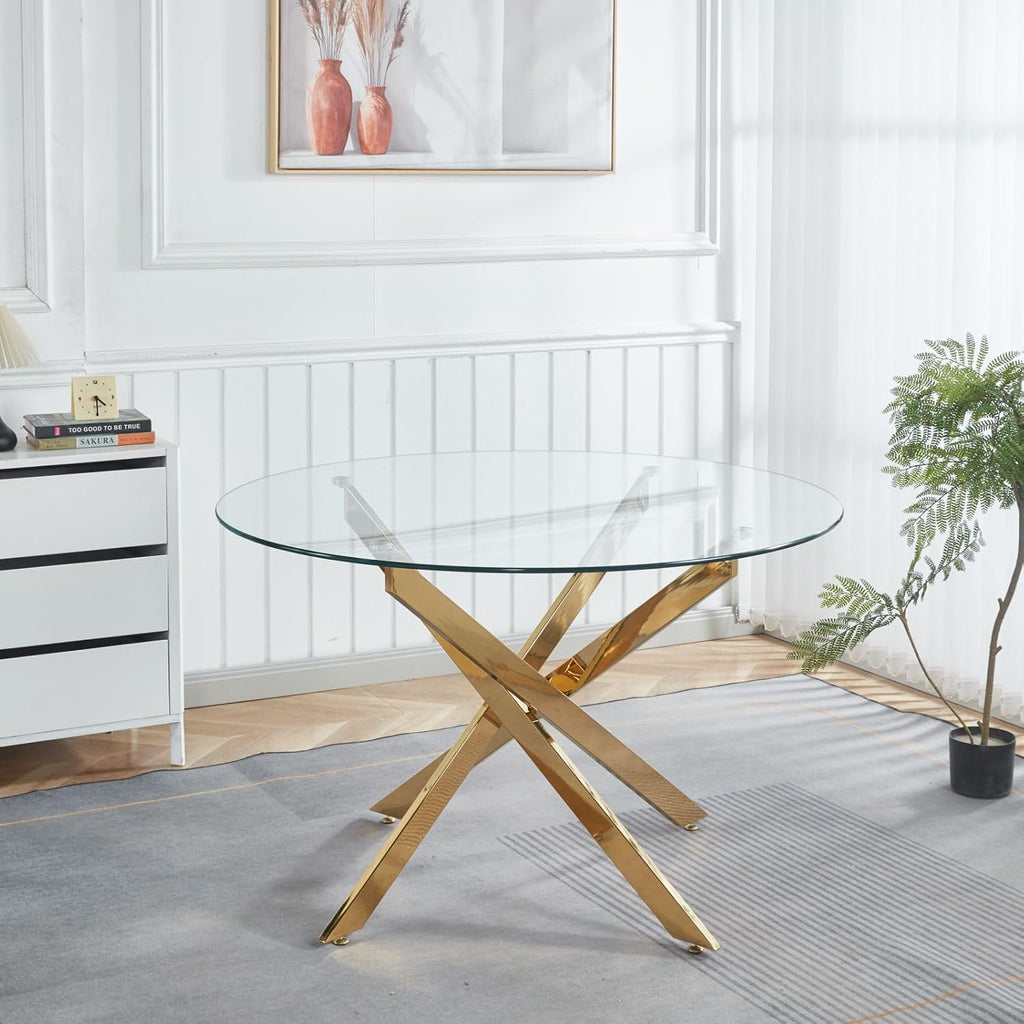 Round Glass Dining Table,Glass Dining Room Table with Metal Legs, Modern Style Glass Kitchen Table for Home, Kitchen, Dining Room