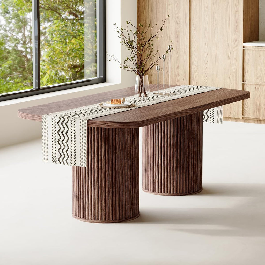 78.7' Extra Long Dining Table for 6-10 People, Farmhouse Kitchen Table with Cylindrical Fluted Bases, Rectangular Dining Table for Dining Room, Kitchen, Living Room, Walnut