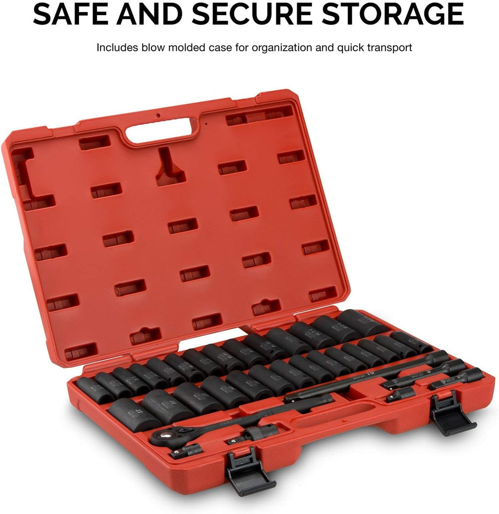 NEIKO 02446A 1/2' Impact Socket Set, 35 Piece, Deep Socket Kit Assortment, Standard SAE (3/8'-1-1/4') and Metric MM (10-32mm) Sizes, Includes Ratchet Handle and Impact Extension Bars
