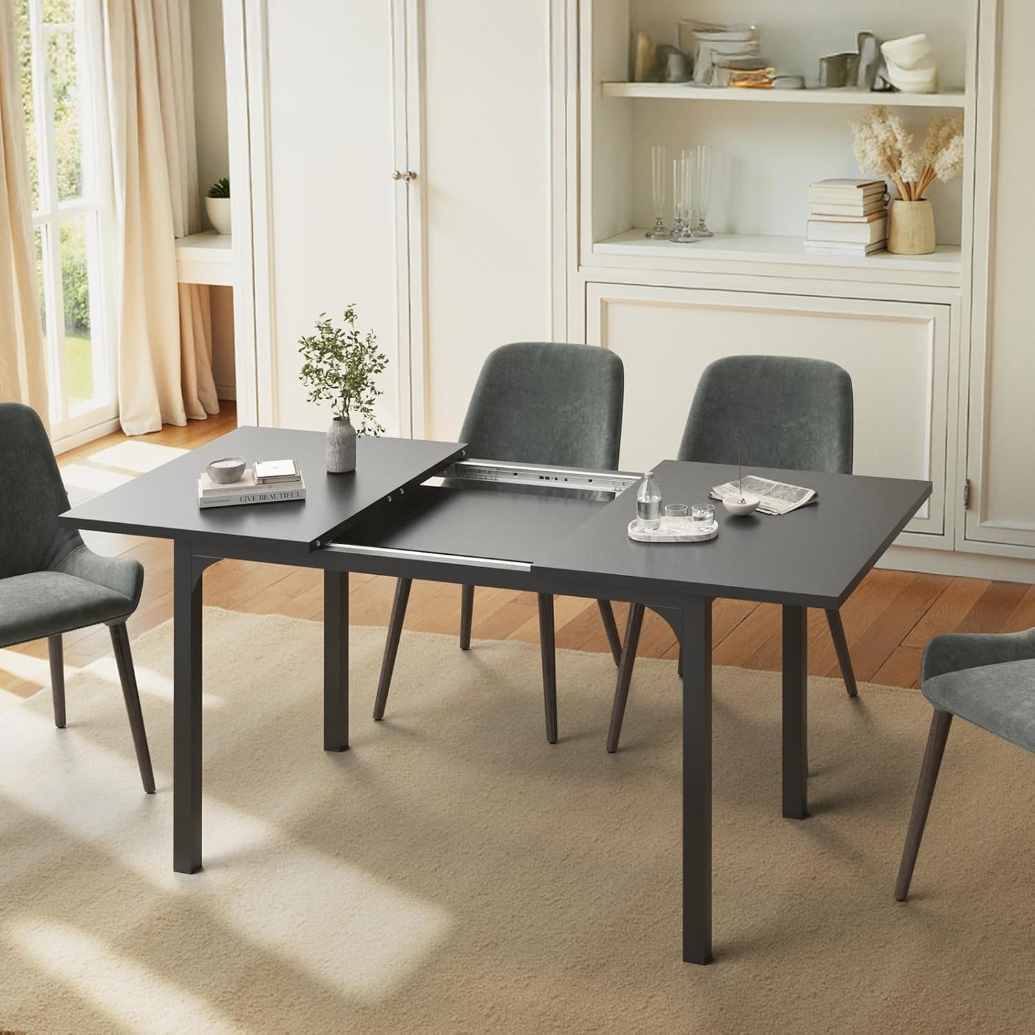 Extendable Dining Table, Rectangle Kitchen Table for 4-8 People, Modern Wooden Dinner Table with Strong Metal Legs, Space Saving Expandable Dining Room Table for Restaurant, Conference, Black