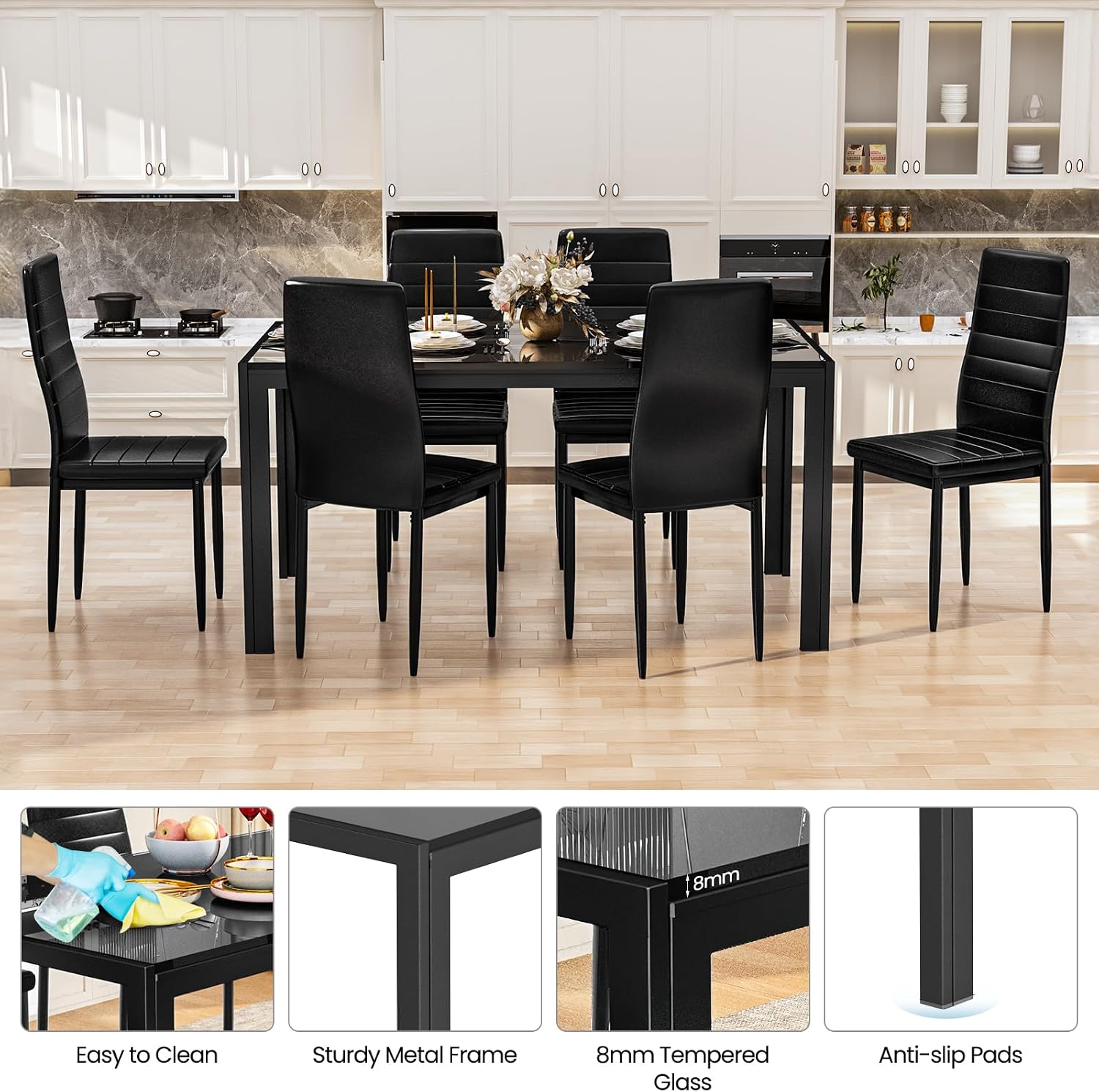 Recaceik 7 Piece Dining Table Set for 6, Tempered Glass Kitchen Table and PU Leather Chairs, Modern Dining Room Table Set for Small Space, Apartment