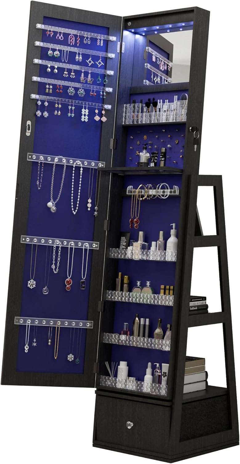 65' 360° Swivel Freestanding Storage Chest, Jewelry Cabinets with Interior Light, Utility Organizer with Lock for Home, Black