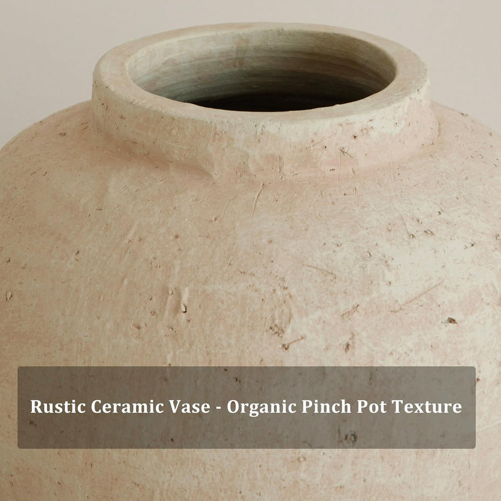 Large Ceramic Vase, 11' Rustic Farmhouse Terracotta Vase for Home Decor, Artisan Decorative Flower Vase for Living Room, Table Centerpiece, Bedroom (Terracotta Beige)