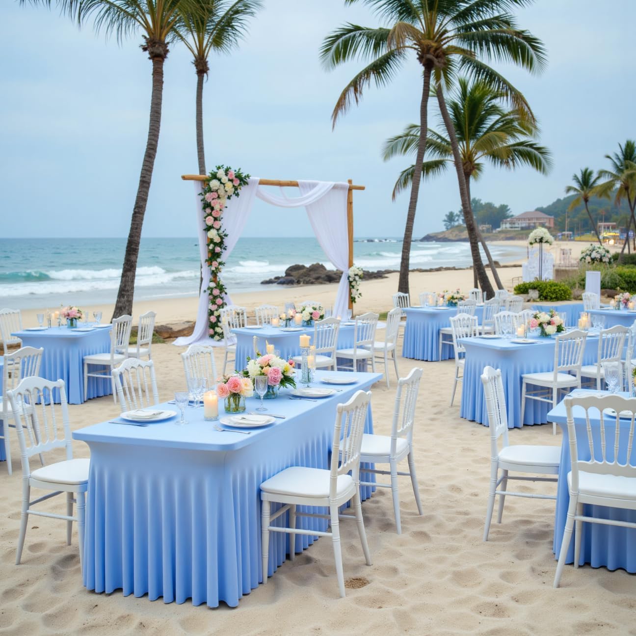 Outpain 6Pack Baby Blue 8FT x 8FT Rectangular Spandex Polyester Blend Tablecloth for Standard Folding Tables - Set of 6