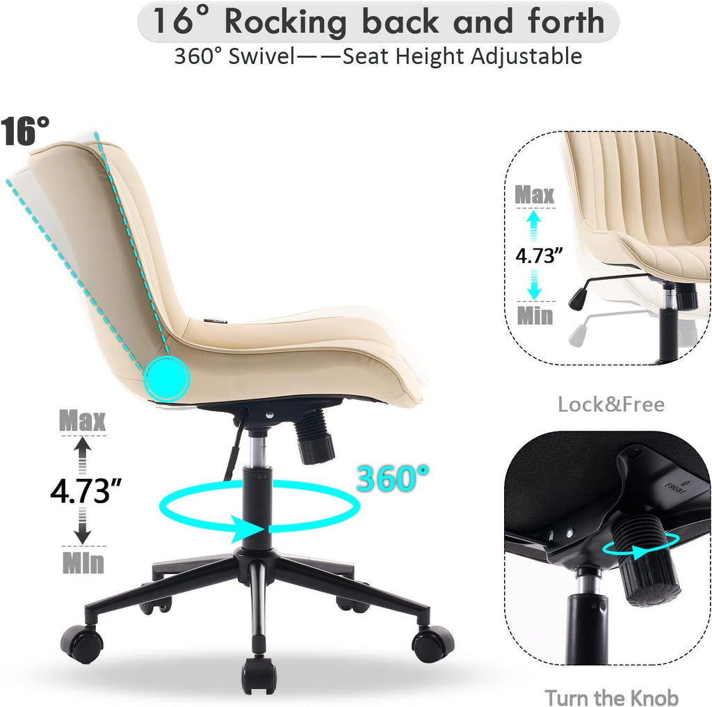 YOUNIKE Ergonomic Home Office Desk Chair with Wheels Comfy Armless Criss Cross Chair with Adjustable Back Modern Leather Upholstered Swivel Vanity Chair Small Cute Rolling Task Chair for Women Beige