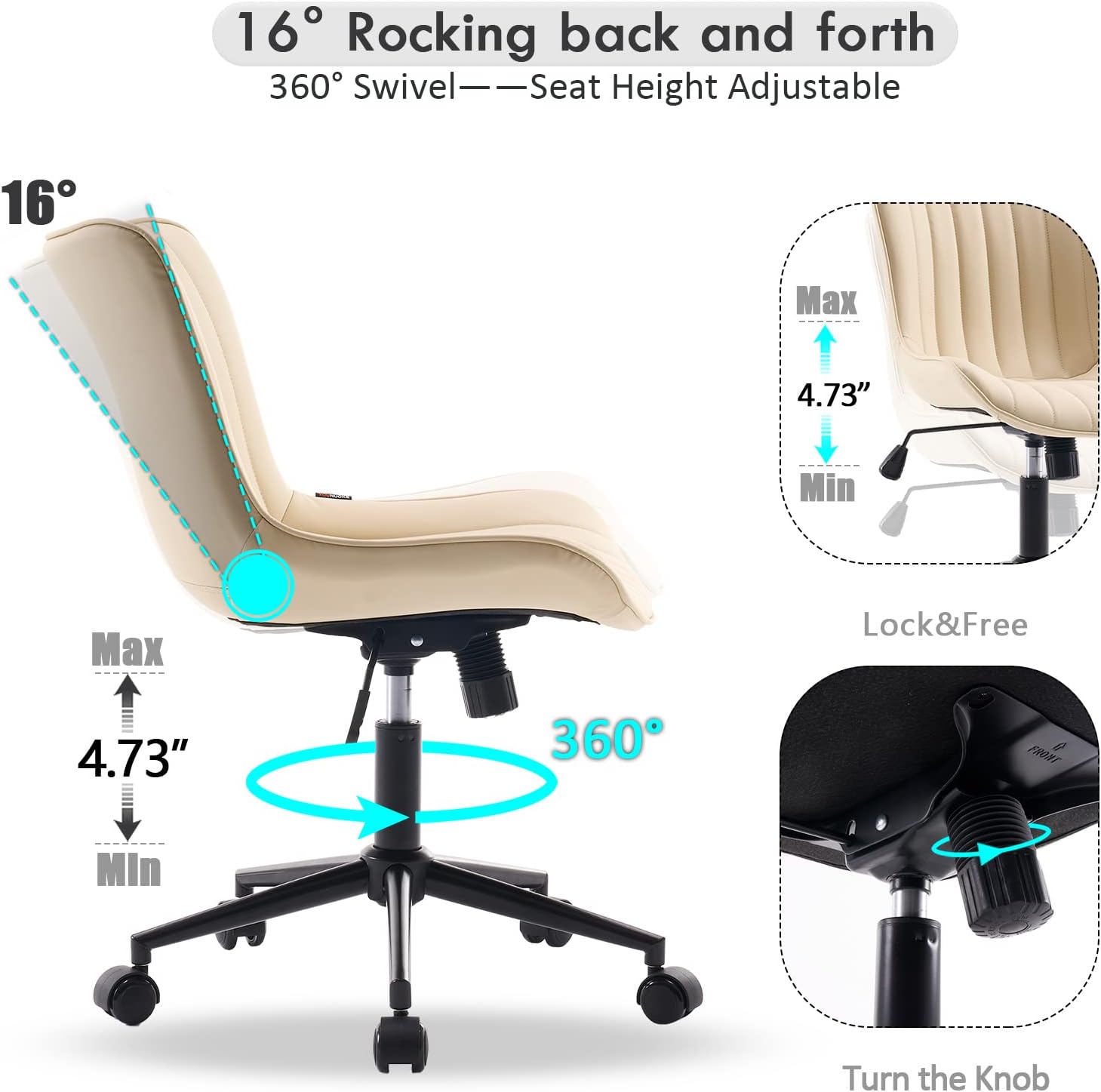 YOUNIKE Ergonomic Home Office Desk Chair with Wheels Comfy Armless Criss Cross Chair with Adjustable Back Modern Leather Upholstered Swivel Vanity Chair Small Cute Rolling Task Chair for Women Beige