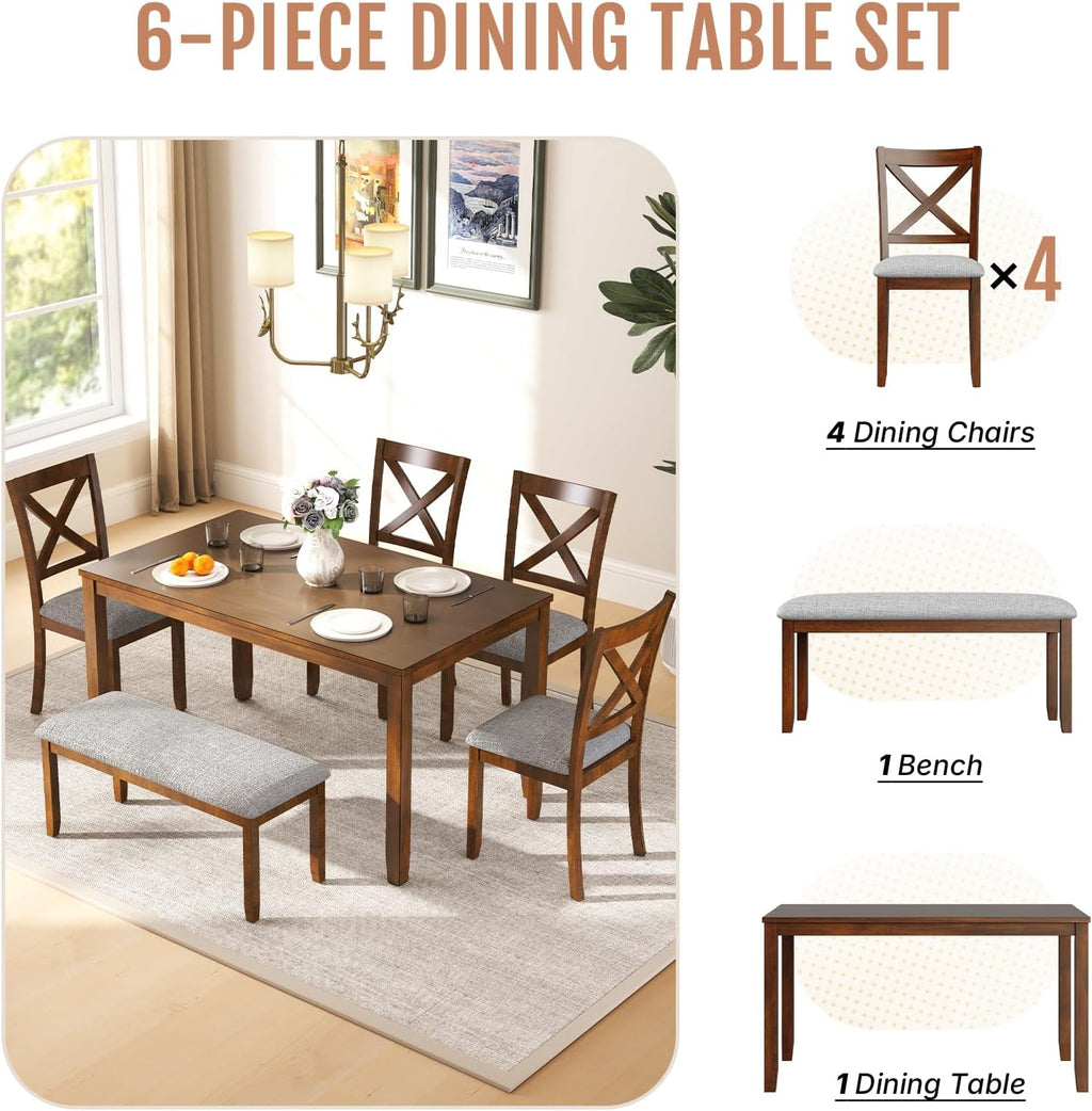 Zevemomo 6-Piece Wooden Dining Table Set, Dining Table Set for 6, Including 1 Dining Table, 4 Upholstered Chairs and 1 Bench, Wooden Legs Dining Table, Table Set for Dining Room & Kitchen, Walnut