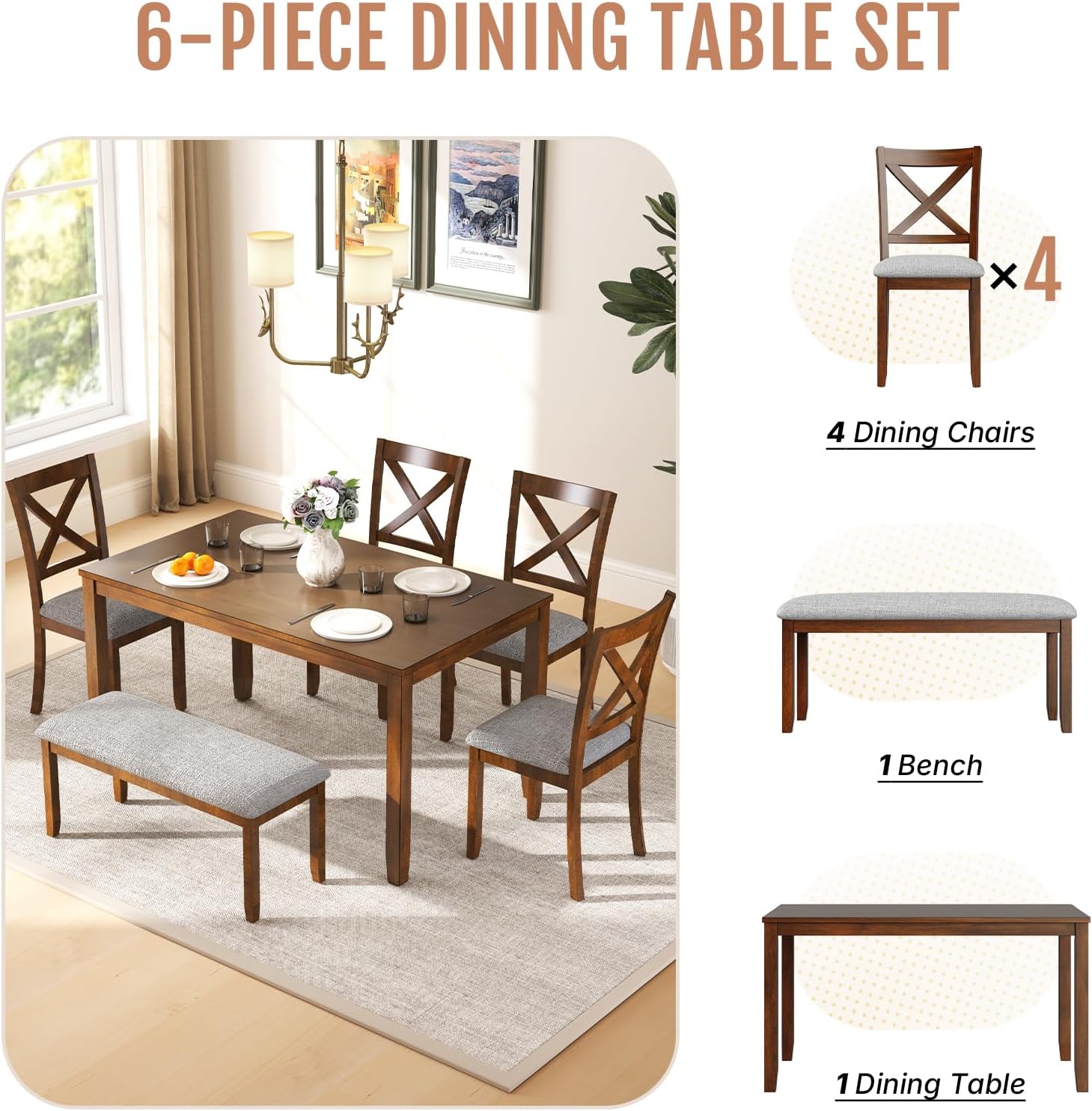 Zevemomo 6-Piece Wooden Dining Table Set, Dining Table Set for 6, Including 1 Dining Table, 4 Upholstered Chairs and 1 Bench, Wooden Legs Dining Table, Table Set for Dining Room & Kitchen, Walnut