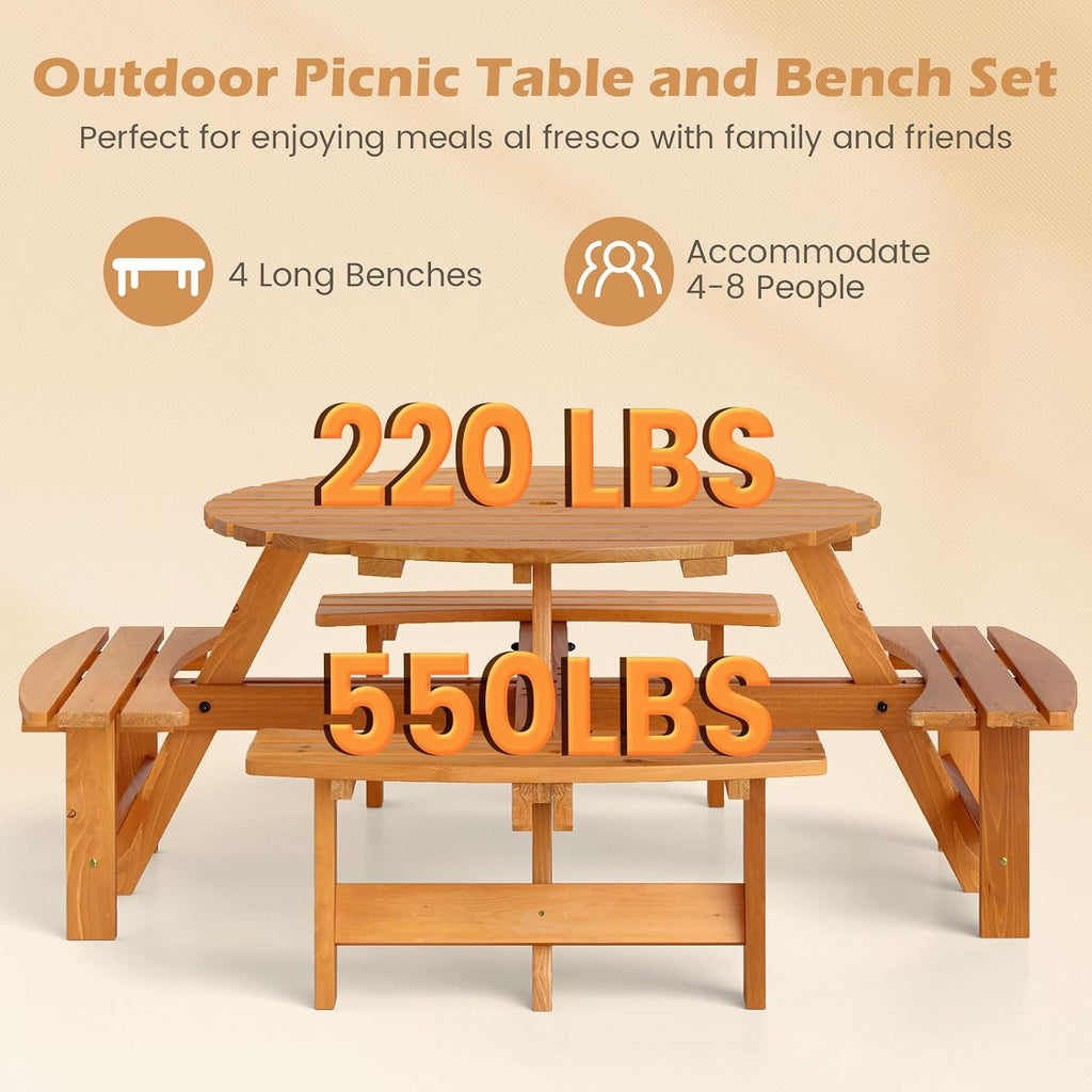 Giantex 8-Person Round Picnic Table Set with 4 Benches, 550 LBS Bench Capacity, 2' Umbrella Hole, Circular Outdoor Wood Dining Table & Chairs for Patio Yard Garden Porch Deck (71'x71'x28',Yellow)