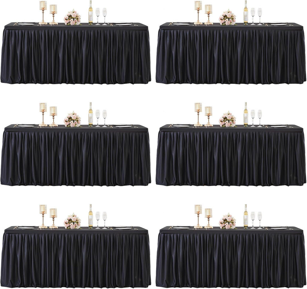 6 Packs Black Tableclothes for 8 Foot Rectangle Tables, Wrinkle Free Fitted Table Cloth 8ft Stretch Table Cover with Skirt for Parties Weddings Birthday Banquet Baby Shower