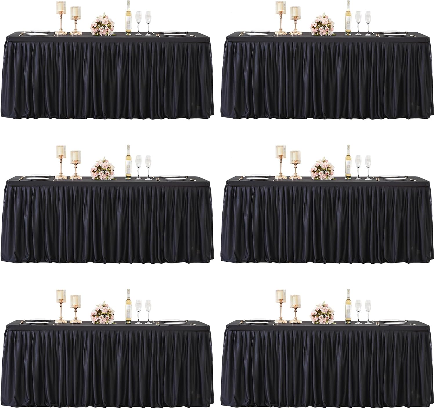 6 Packs Black Tableclothes for 8 Foot Rectangle Tables, Wrinkle Free Fitted Table Cloth 8ft Stretch Table Cover with Skirt for Parties Weddings Birthday Banquet Baby Shower