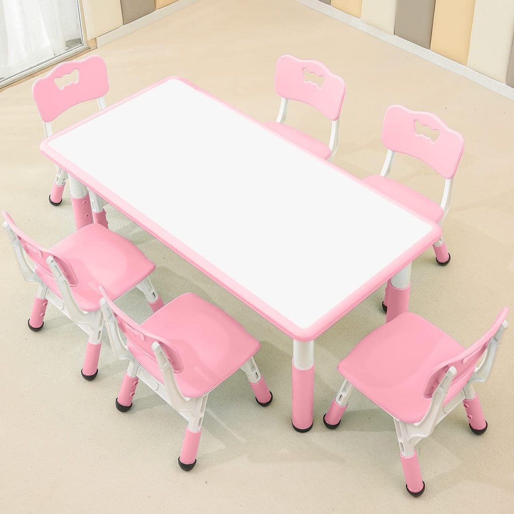 monleelnom Children's Table and Chair Set Suitable for Boys and Girls Age 2-12 Height Adjustable Table top Can be Painted with 6 Seats Suitable for Family Learning Daily use (Pink)