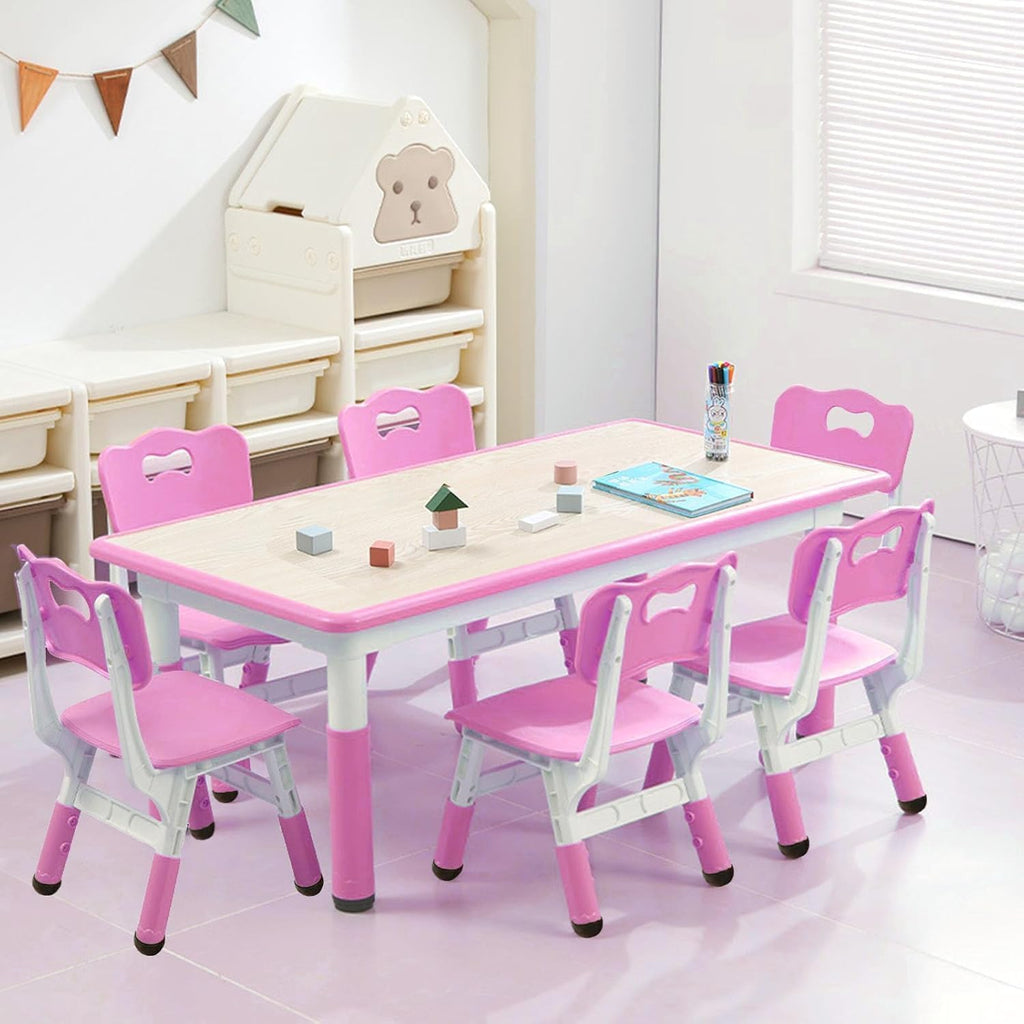 Garvee Kids Table and 6 Chair Set,47 in Modern Height Adjustable Toddler Table and 6 Chairs Set with Non-Slip Desk Legs&Organizer Graffiti Desktop, Preschool Activity Art Craft Tables for 6(Pink)