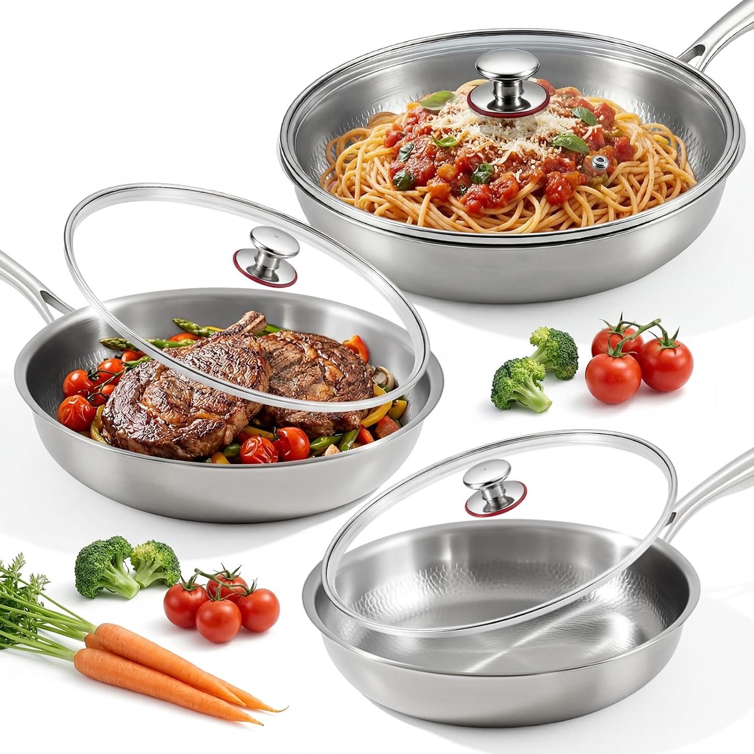 LemonRoad 3 Pcs 10.23', 11.02', 11.81' Titanium Pan Set for Cooking, Hammered Pan with Lid for Cooking Durable Scratch Resistant, Safe for Oven Induction