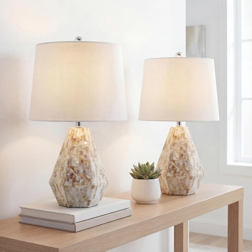 JONATHAN Y 21' Natural Ivory Seashell Mosaic Table Lamp Set of 2, Coastal Geometric Resin Bedside Lamps for Living Room Bedroom, White Linen Drum Shade, LED Bulbs Included JYL4004A-SET2