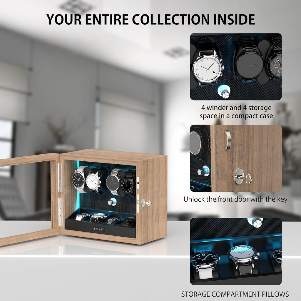 XTELARY Lockable Automatic Watch Winder - 4/6/8/12 Watch Storage, 4 Rotation Modes, Quiet Motor, Backlight