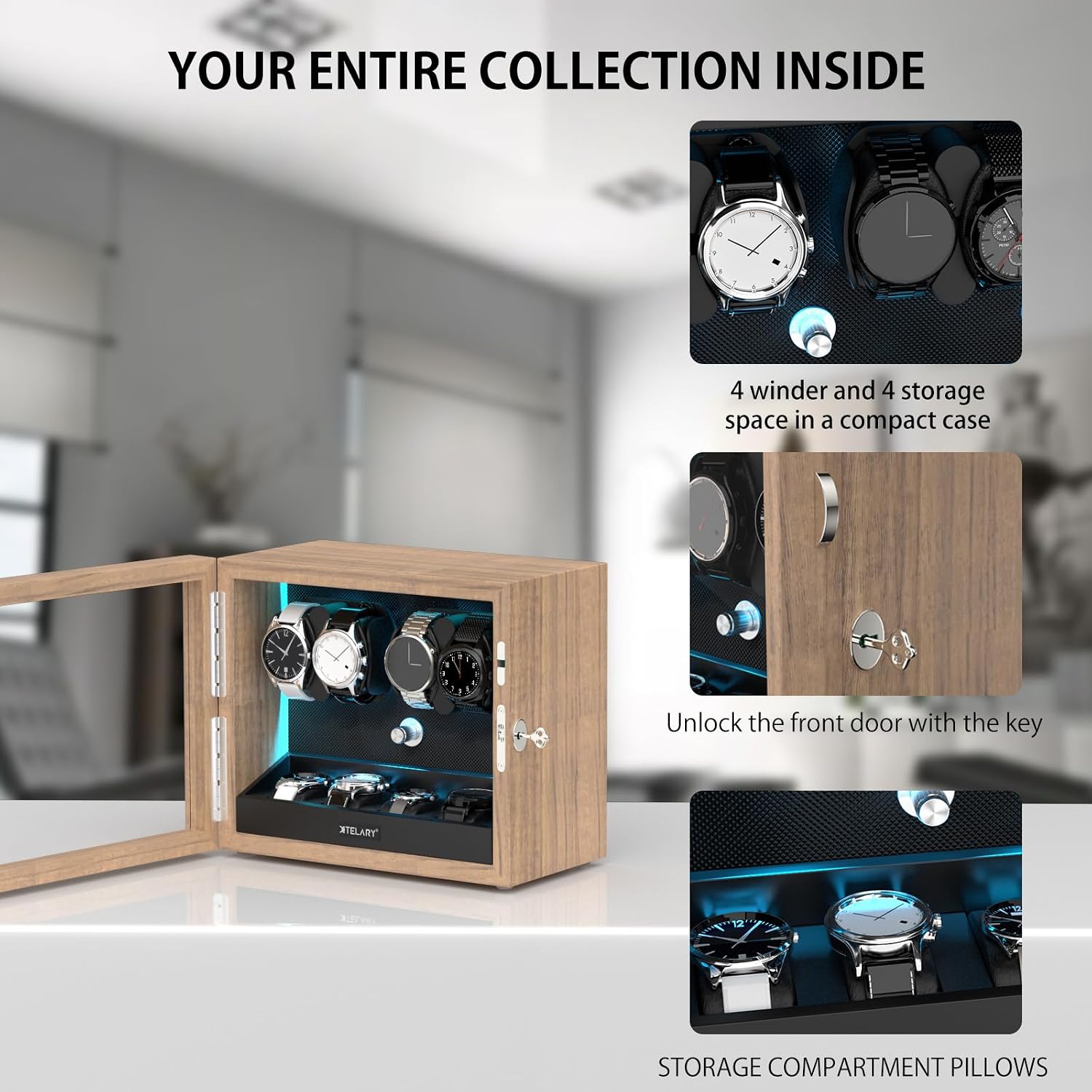 XTELARY Lockable Automatic Watch Winder - 4/6/8/12 Watch Storage, 4 Rotation Modes, Quiet Motor, Backlight