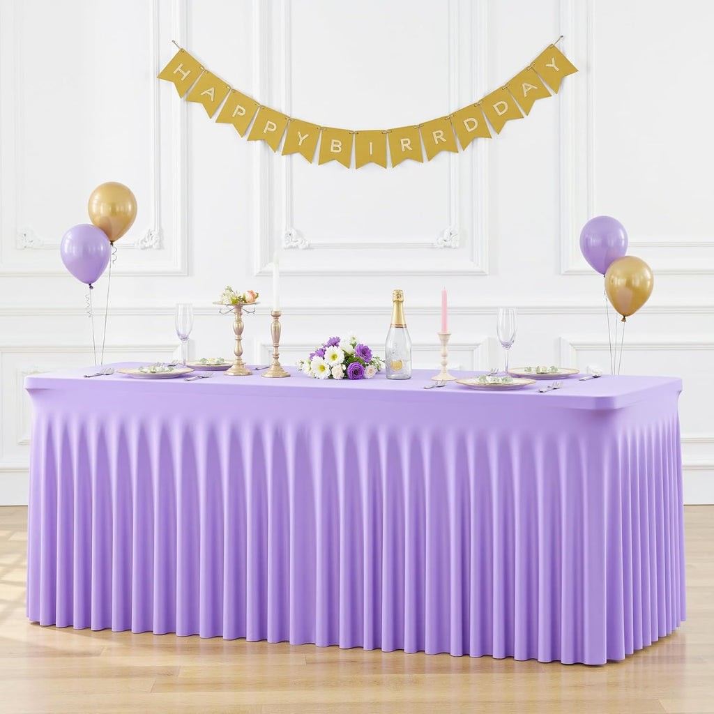 Suppromo 6 Pack 8ft Lavender Spandex Table Cloths for Rectangle Tables Wrinkle Free Light Purple Rectangle Tablecloths Stretch Fitted Table Cover for Birthday Party Wedding Banquet Baby Shower Buffet